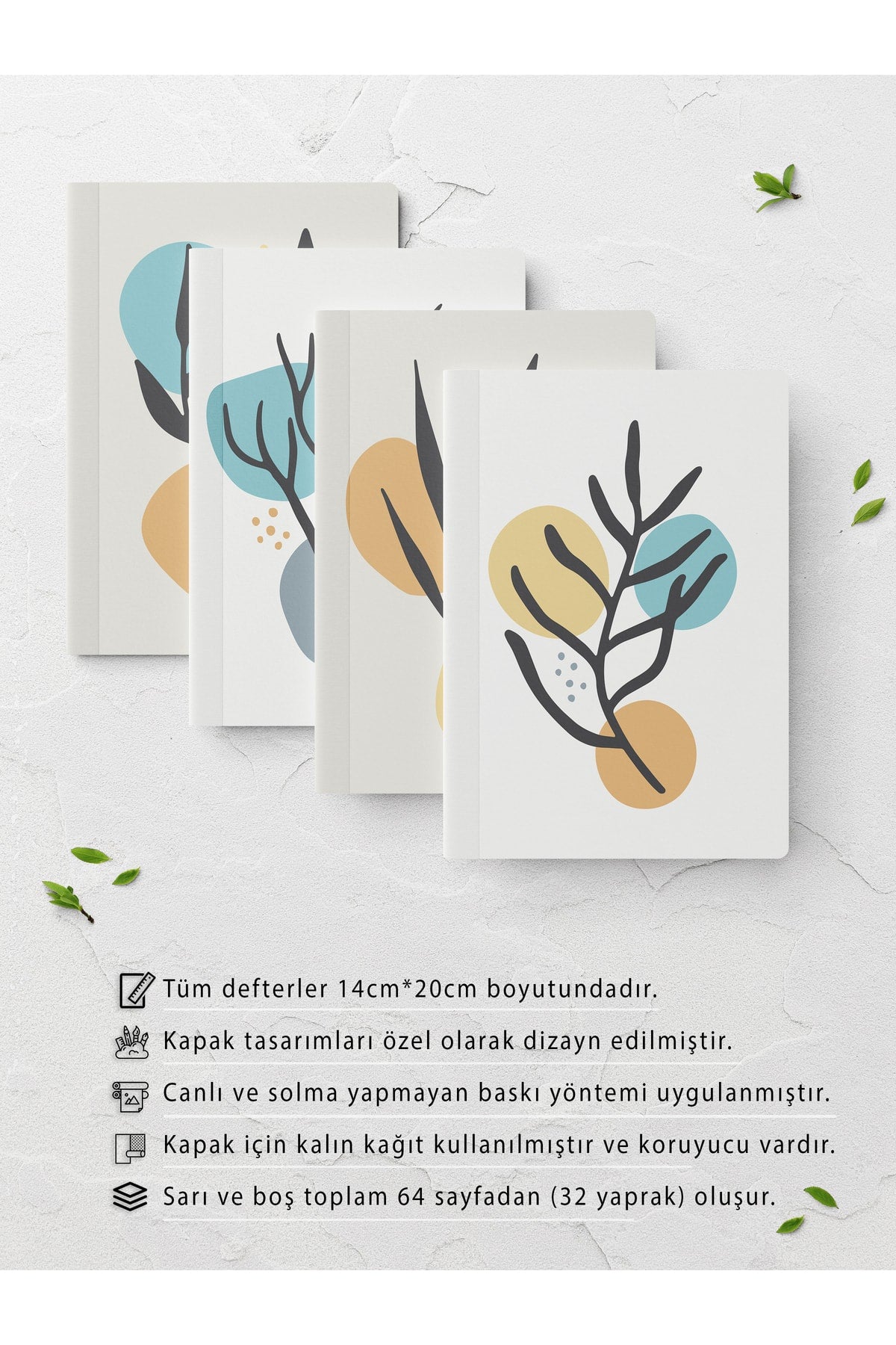 Botanik Çizgisiz Defter Seti - 4 Adet - 14cm*20cm - 64 Sayfa