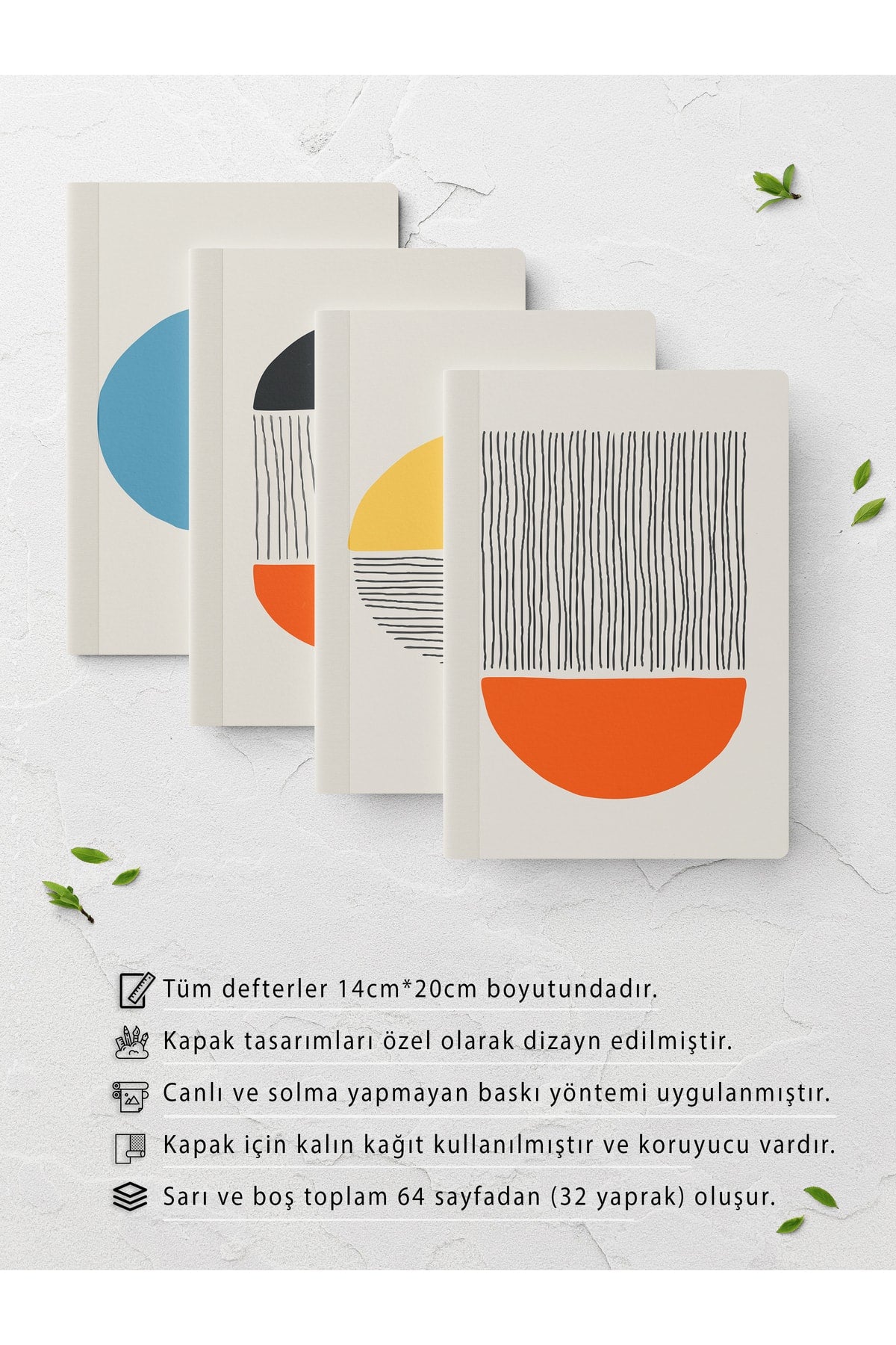 Defter Seti - Geometrik - 4 Adet - 14cm*20cm - 64 Sayfa - Çizgisiz