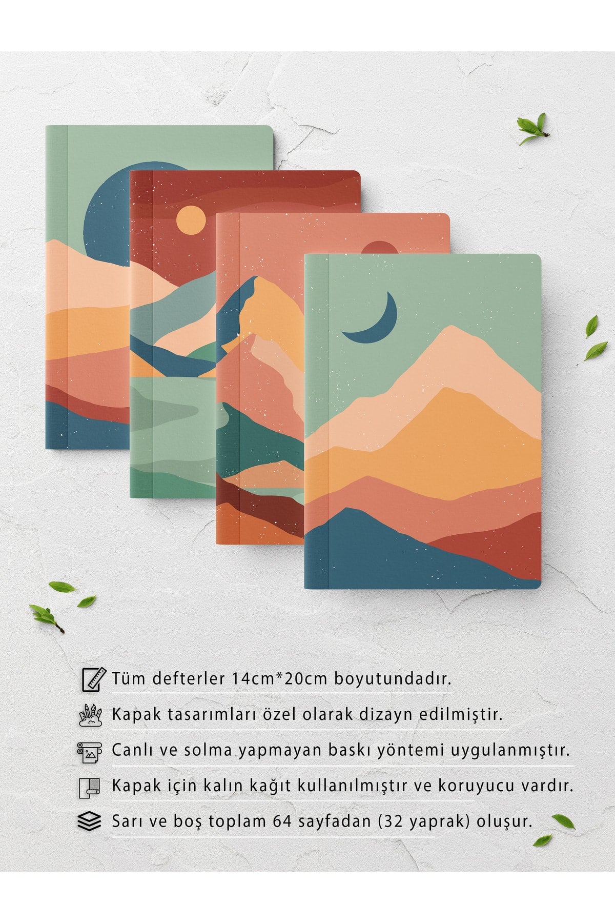 Boho Çizgisiz Defter Seti - 4 Adet - 14cm*20cm - 64 Sayfa