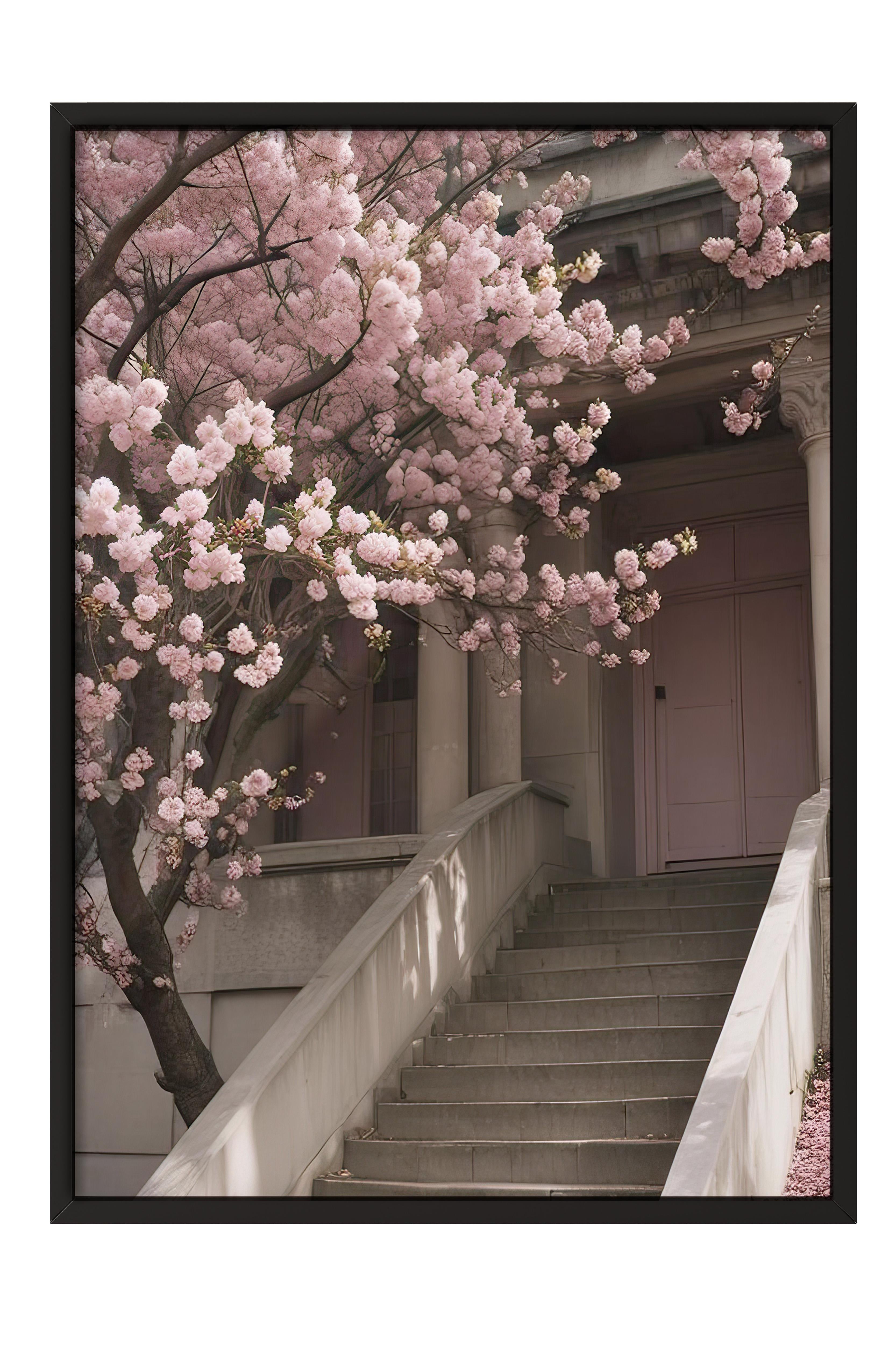 Flower Staircase Çerçeveli Tablo, Siyah Çerçeve ve Poster, Duvar Tablosu Comfort Serisi NO:108368