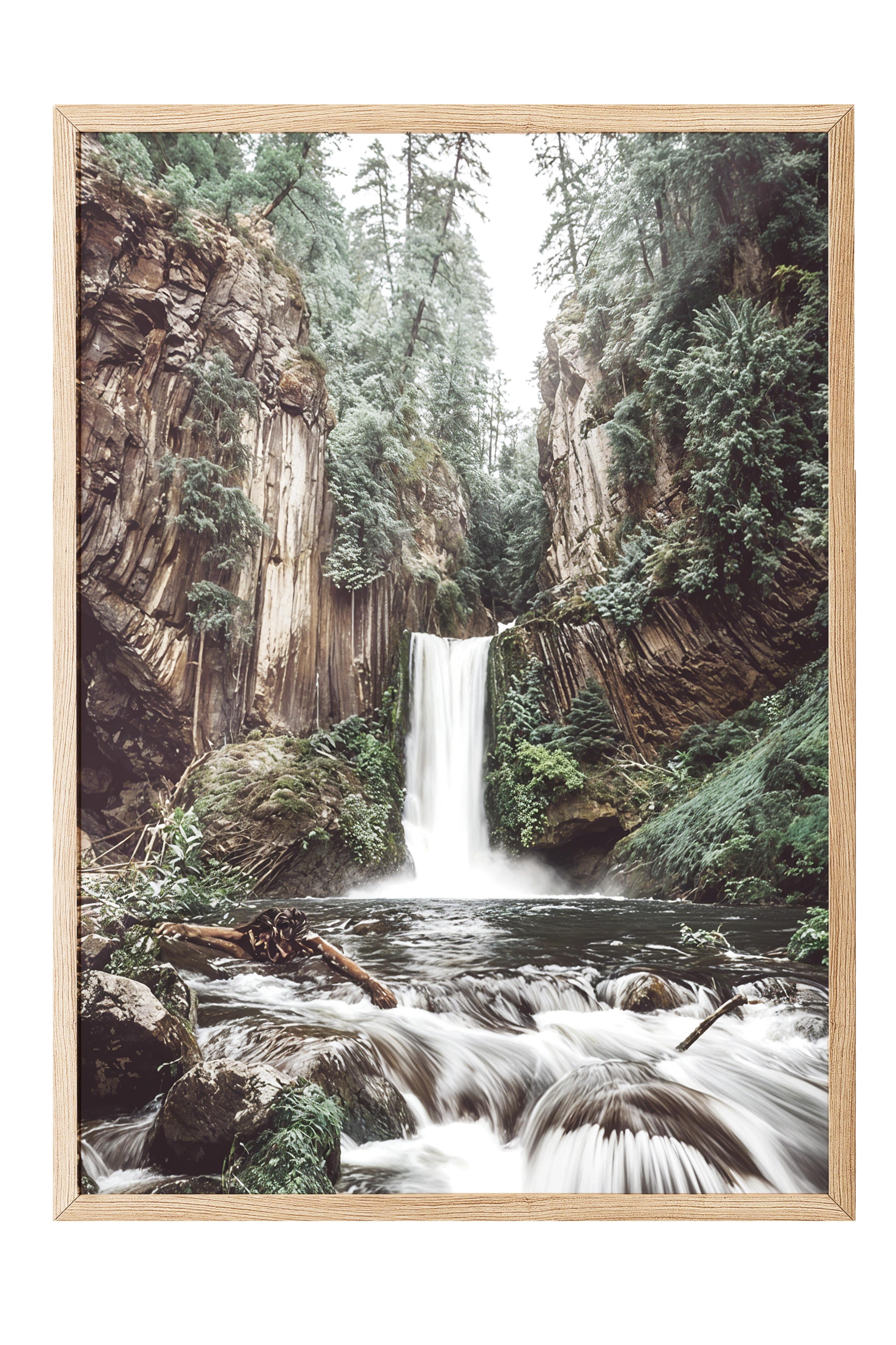 Forest Waterfall Çerçeveli Tablo, Ahşap Çerçeve ve Poster, Duvar Tablosu Comfort Serisi NO:108406