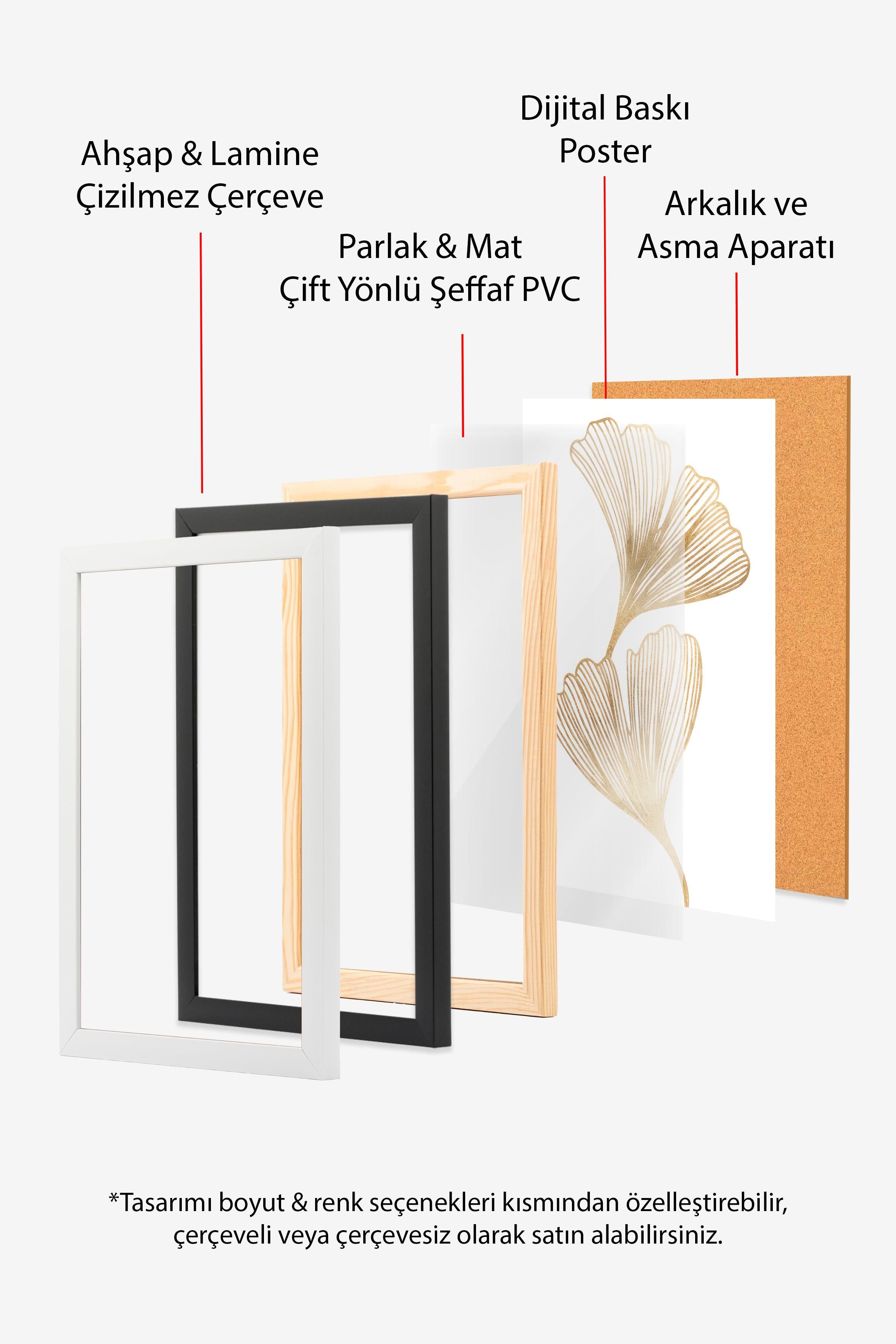 Gold Ginkgo Çerçeveli Tablo, Ahşap Çerçeve ve Poster, Dikey Duvar Tablosu Comfort Serisi NO:108451