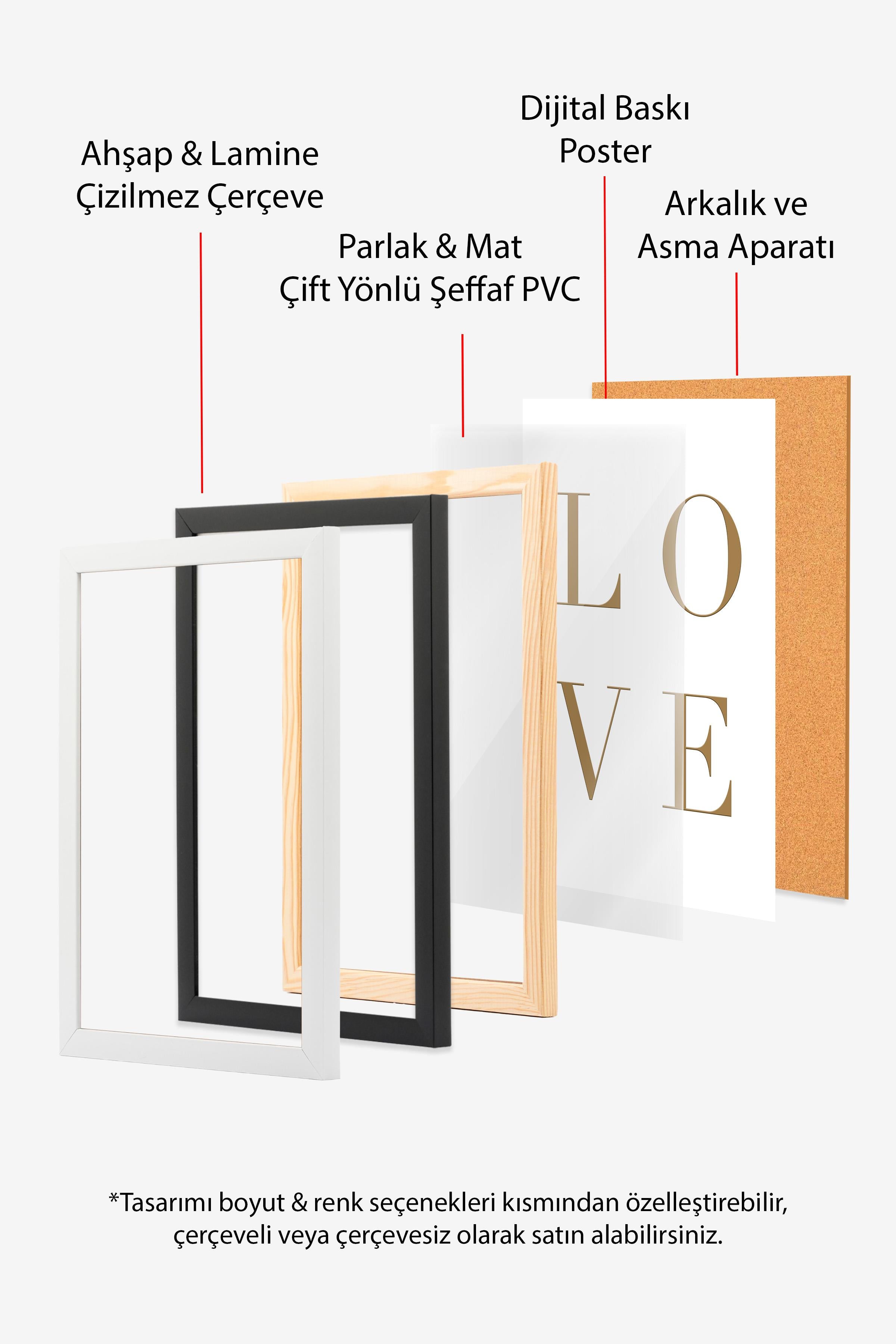 Gold Love Çerçeveli Tablo, Ahşap Çerçeve ve Poster, Dikey Duvar Tablosu Comfort Serisi NO:108381