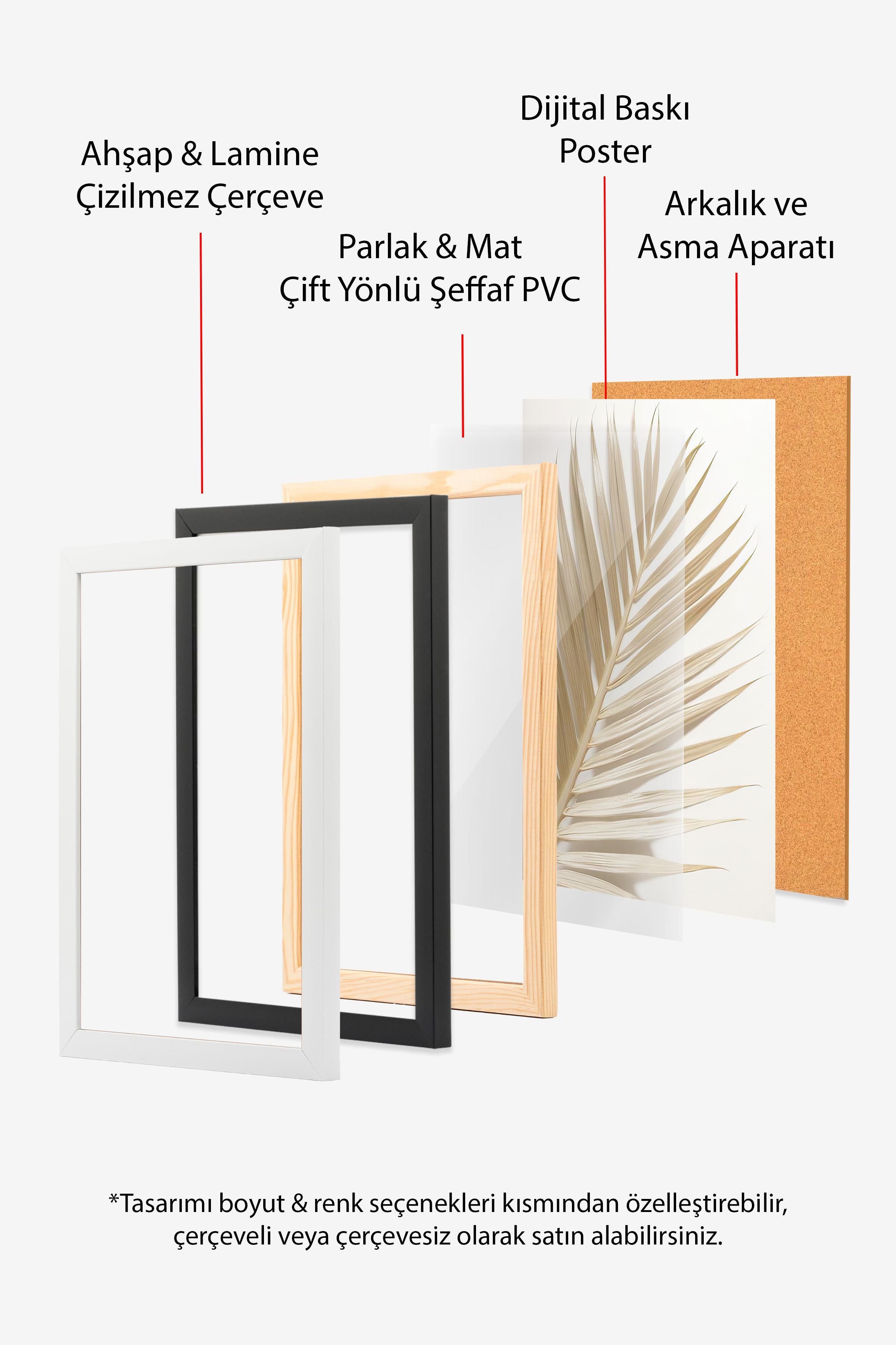 Gold Palm Çerçeveli Tablo, Ahşap Çerçeve ve Poster, Dikey Duvar Tablosu Comfort Serisi NO:108378