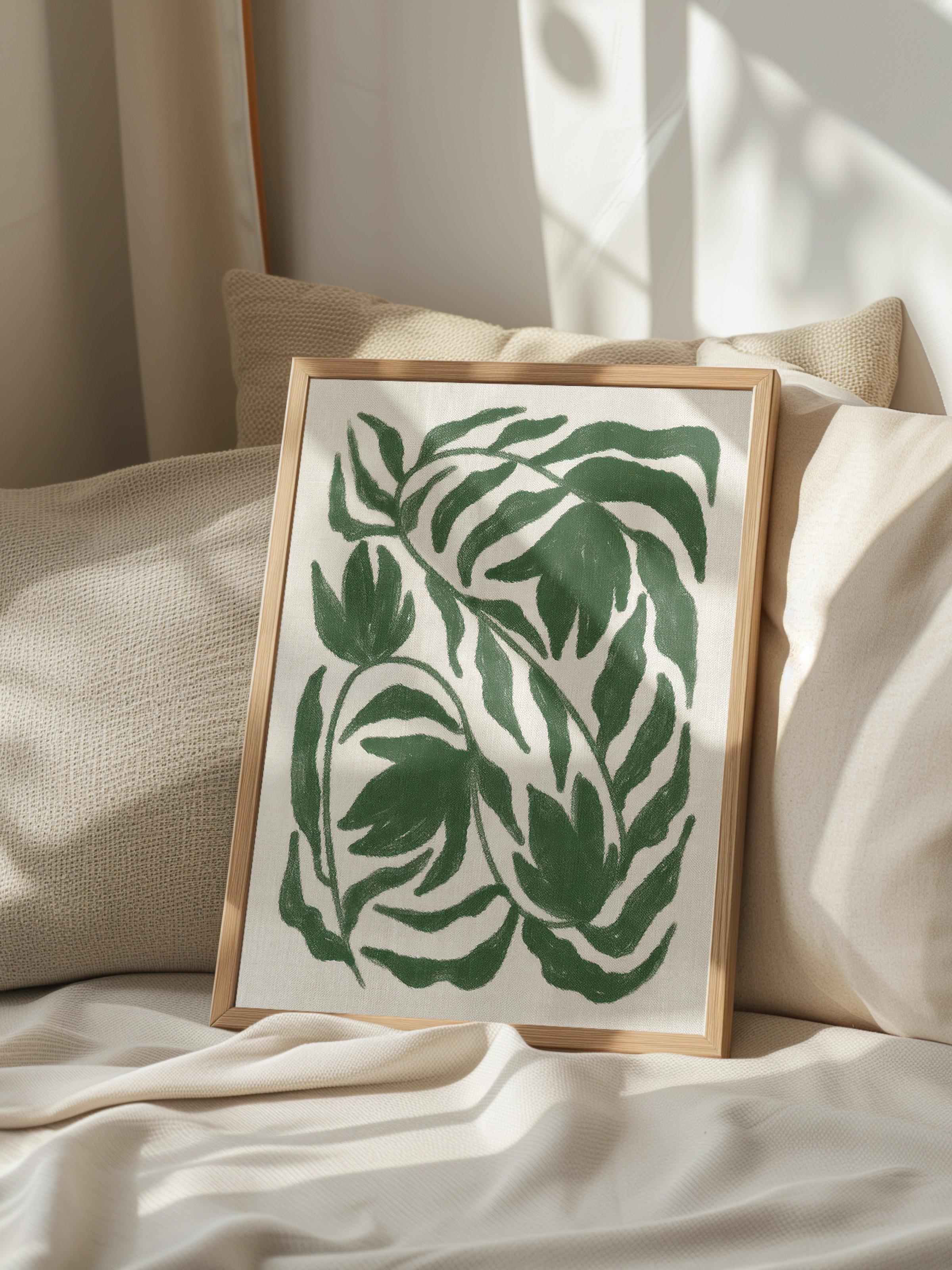 Green Botanical on Linen Çerçeveli Tablo, Dikey Duvar Tablosu Comfort Serisi NO:108468