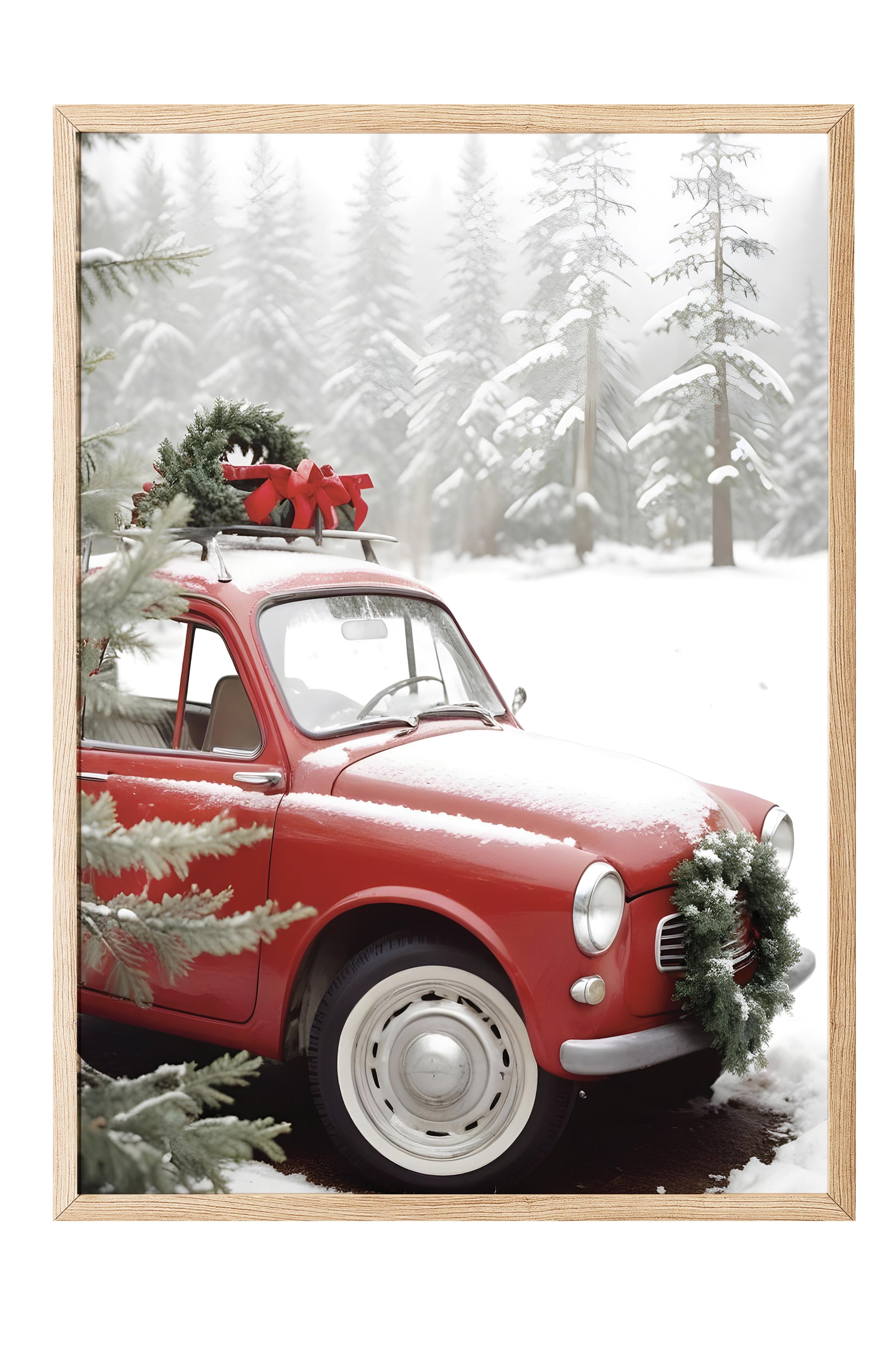 Jolly Car Yılbaşı Tablo, Ahşap Çerçeve ve Poster, Dikey Duvar Tablosu Comfort Serisi NO:108471