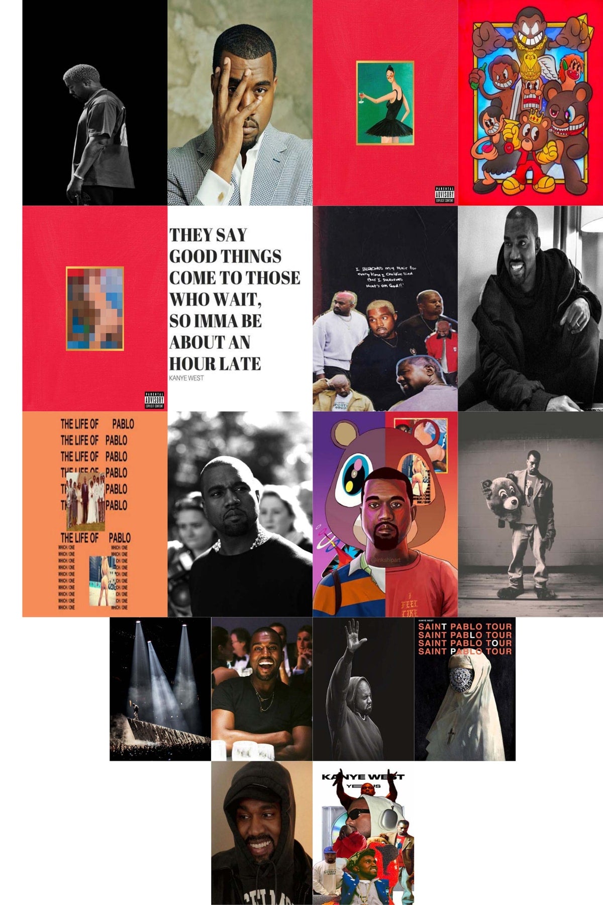 Kanye West Poster Kolaj Seti - Duvar Dekoru Poster - Sticker Bant Hediyeli - 50 Adet - 10*15 Cm