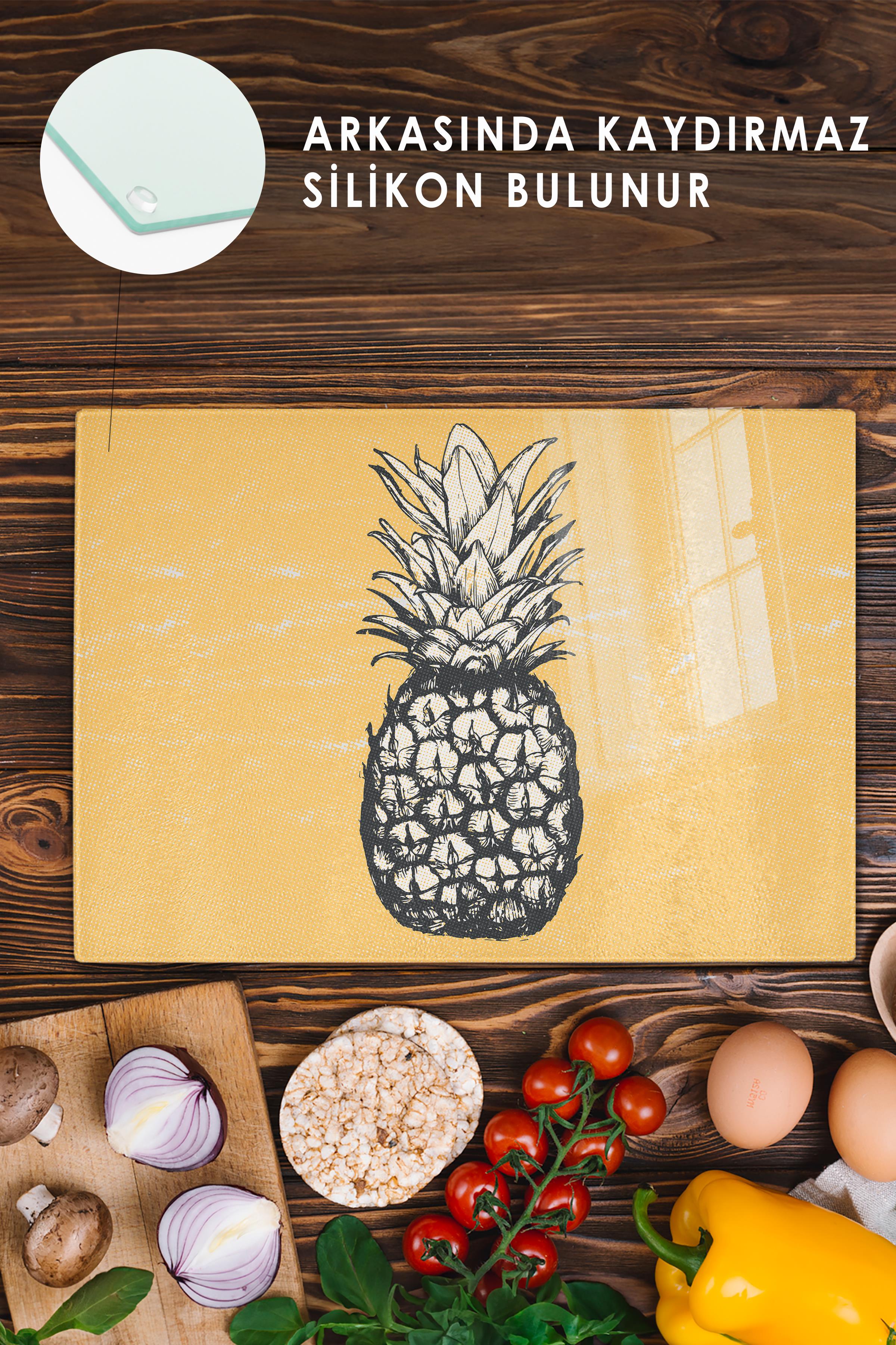 Kesme Tahtası, Kalın Ve Kırılmaz Cam Baskı - Ananas Temalı, 21*30cm - Doğrama Tahtası, Mutfak Dekoru