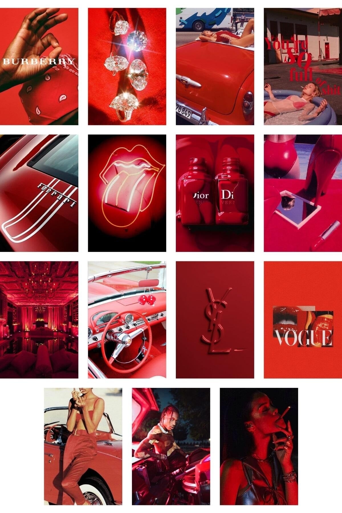 Kırmızı Duvar Poster Seti - 60 Adet - Arkası Yapışkanlı Kolaj Seti - 10cm*15cm - Kutulu Set