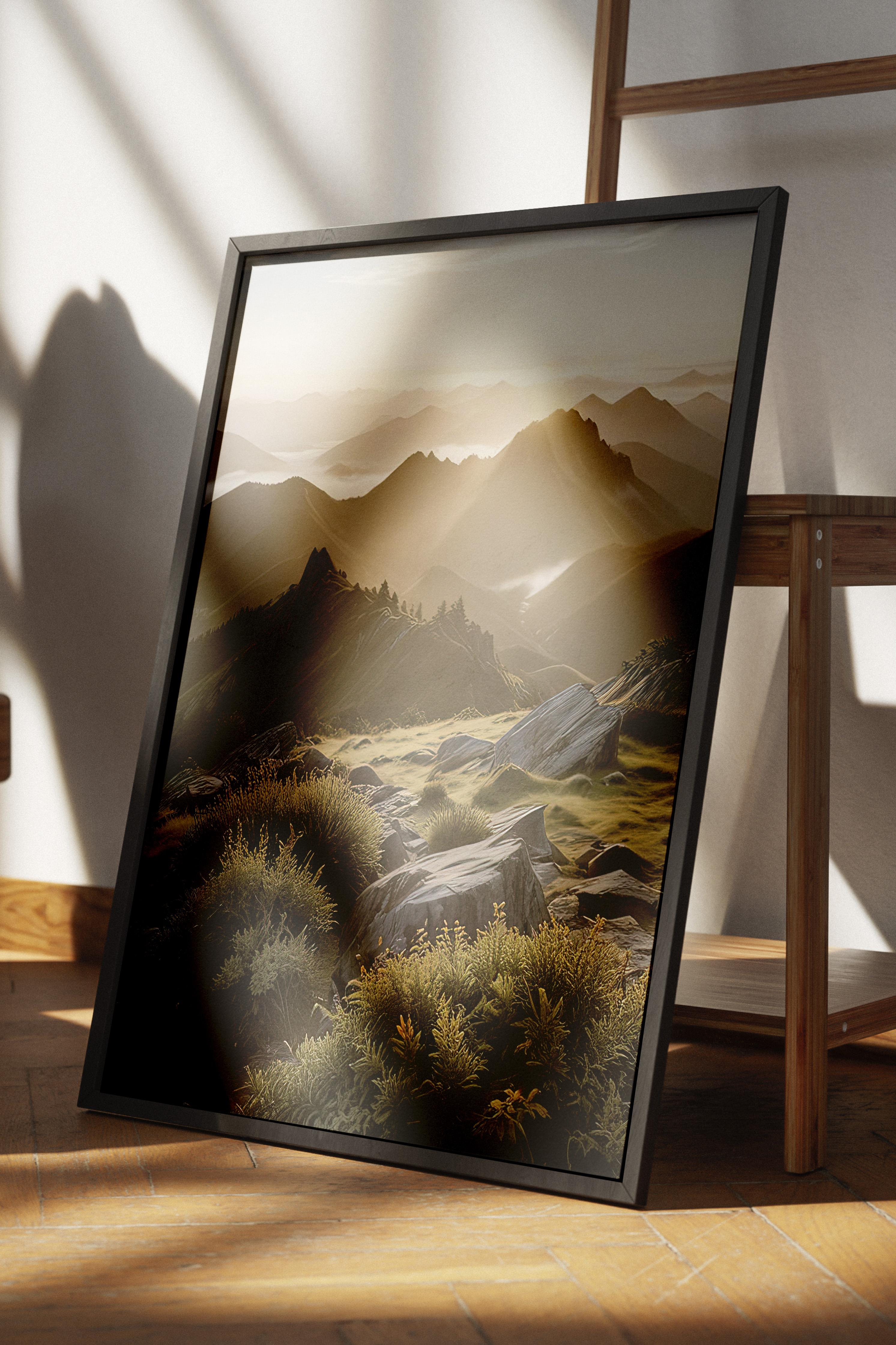 Landscape Sunrise Çerçeveli Tablo, Siyah Çerçeve ve Poster, Duvar Tablosu Comfort Serisi NO:108342