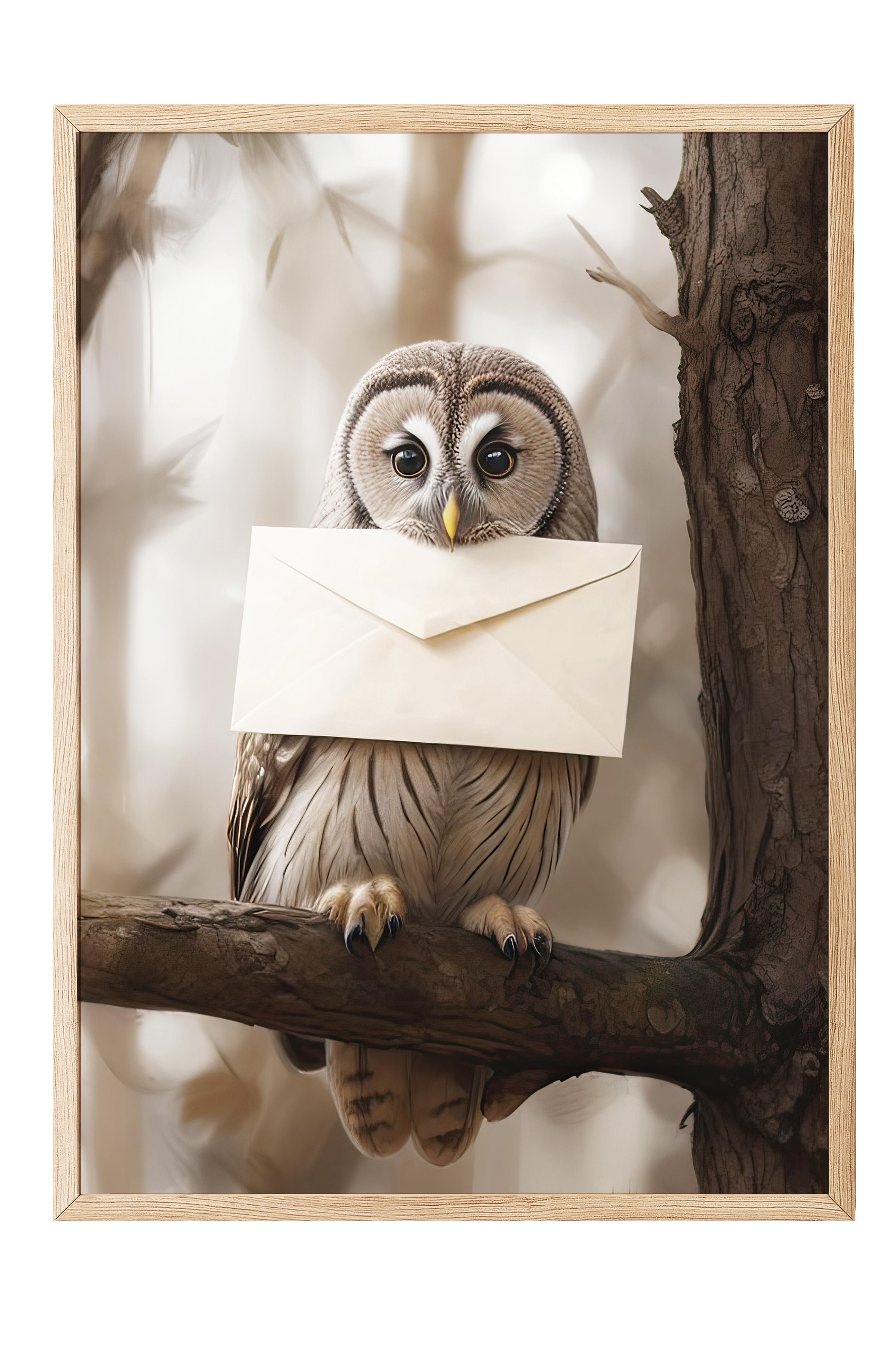 Letter Owl Çerçeveli Tablo, Ahşap Çerçeve ve Poster, Dikey Duvar Tablosu Comfort Serisi NO:108291