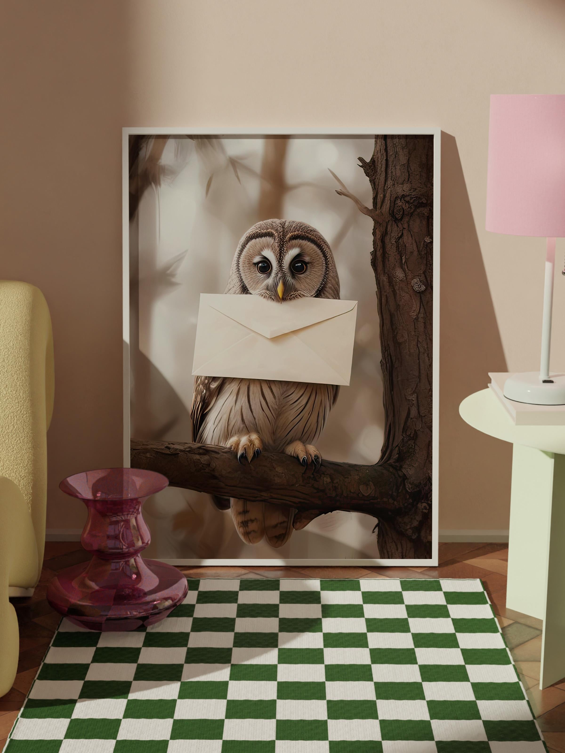 Letter Owl Çerçeveli Tablo, Beyaz Çerçeve ve Poster, Dikey Duvar Tablosu Comfort Serisi NO:108291