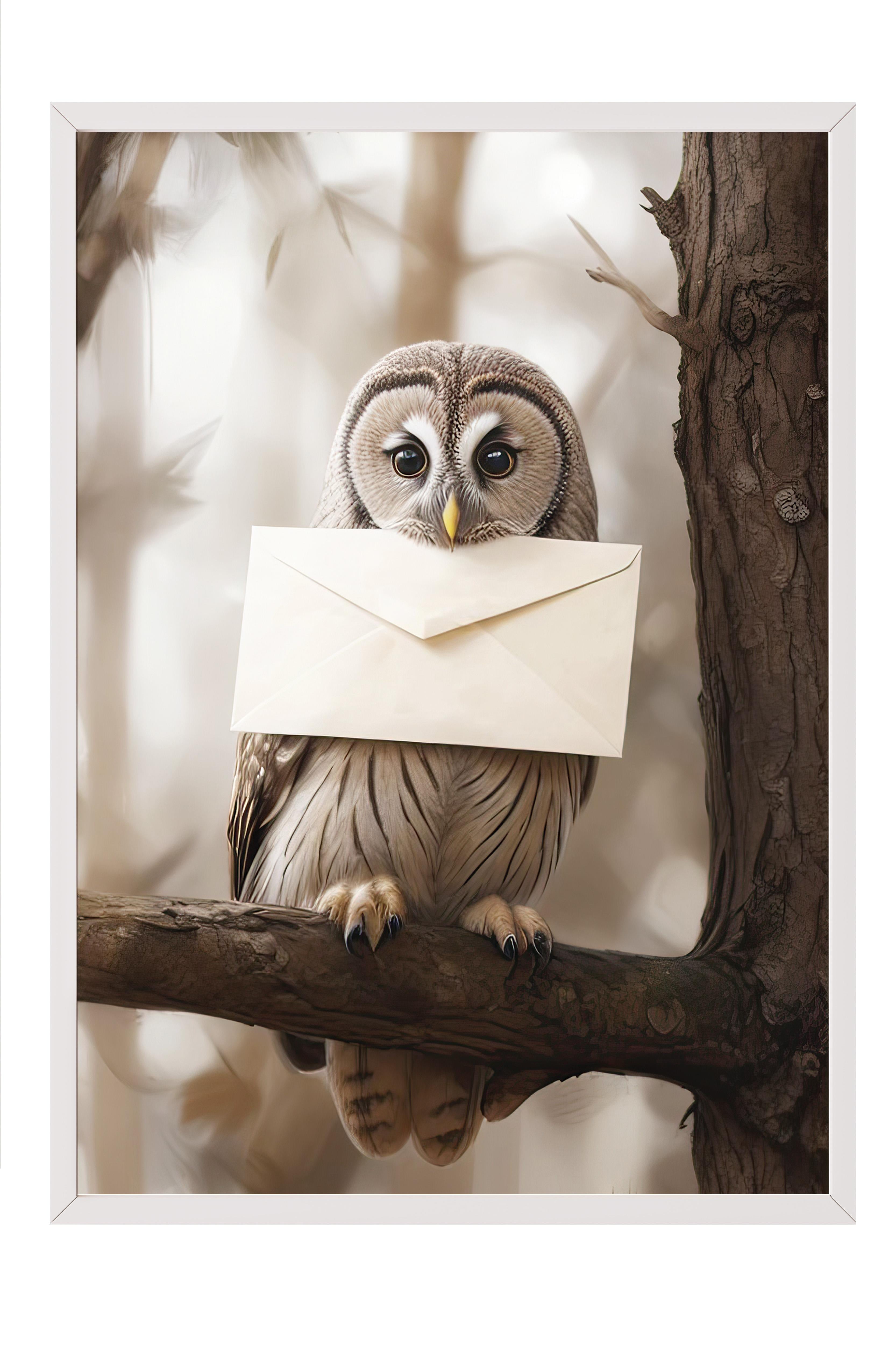 Letter Owl Çerçeveli Tablo, Beyaz Çerçeve ve Poster, Dikey Duvar Tablosu Comfort Serisi NO:108291