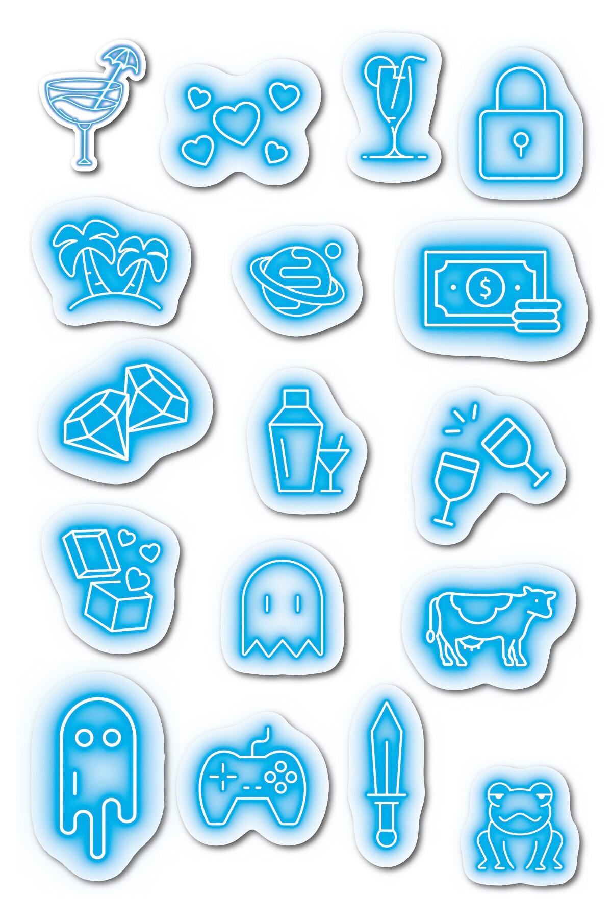 Mavi Neon Temalı Sticker Seti - 17 Adet Etiket Seti- Telefon, Tablet, Defter Laptop Uyumlu Etiket