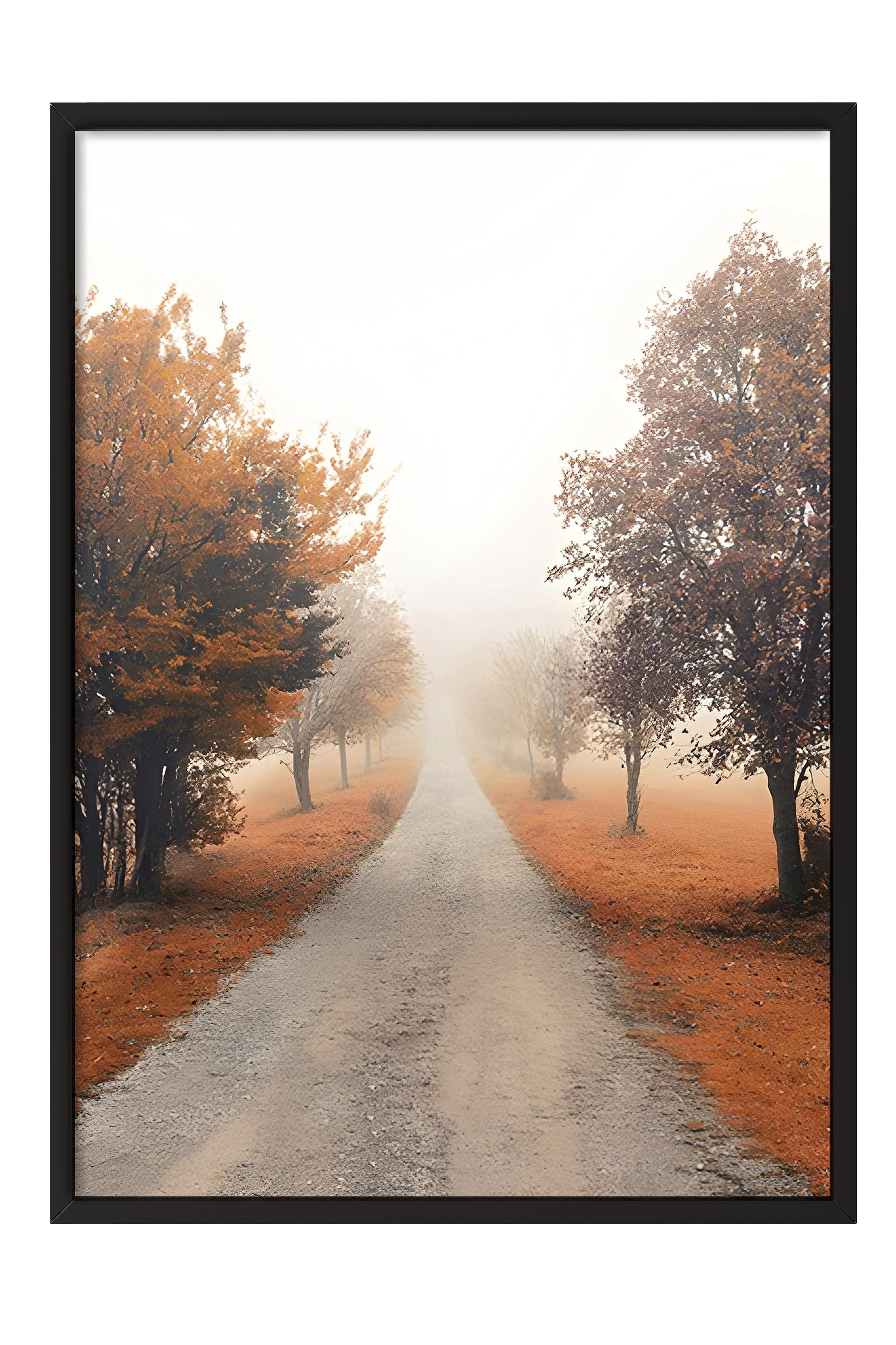 Misty Tree Alley Çerçeveli Tablo, Siyah Çerçeve ve Poster, Duvar Tablosu Comfort Serisi NO:108353