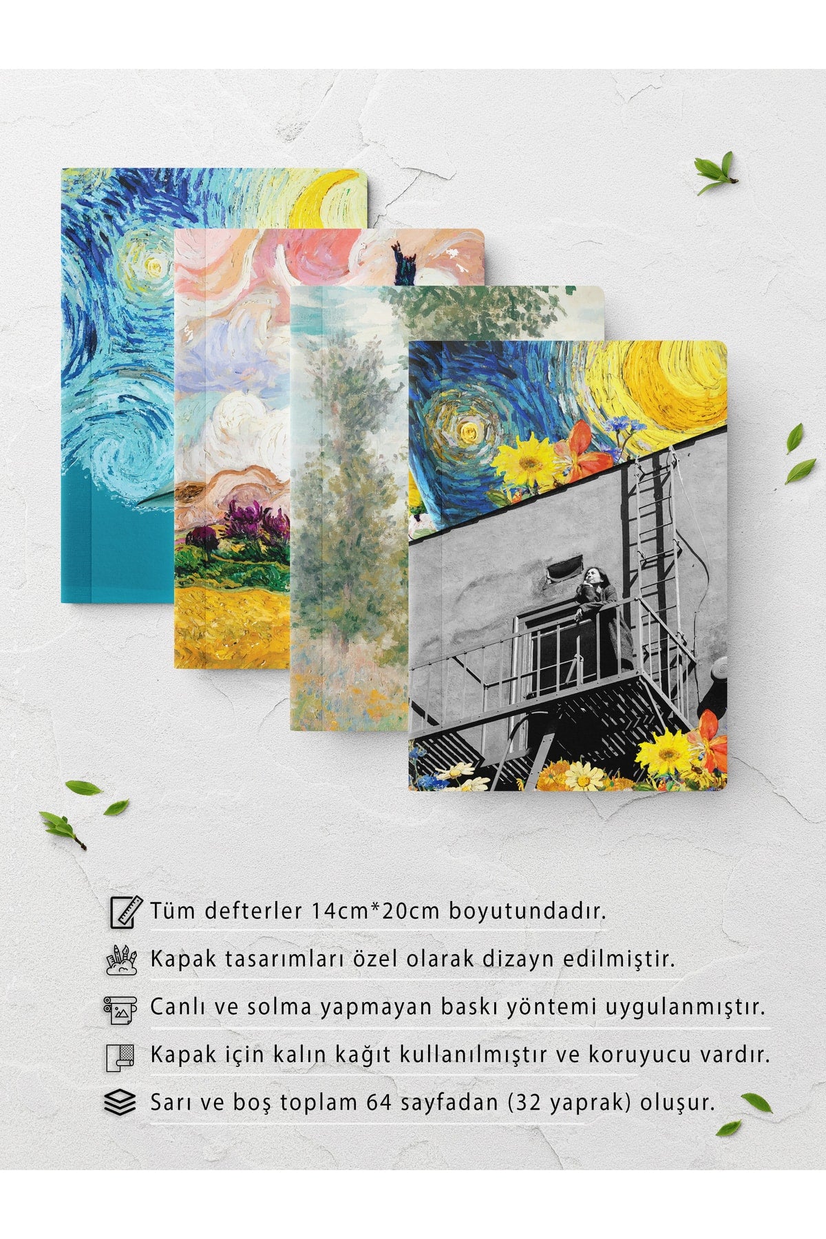 Modern Sanat Temalı Defter Seti - 4 Adet - 14cm*20cm - 64 Sayfa - Çizgisiz