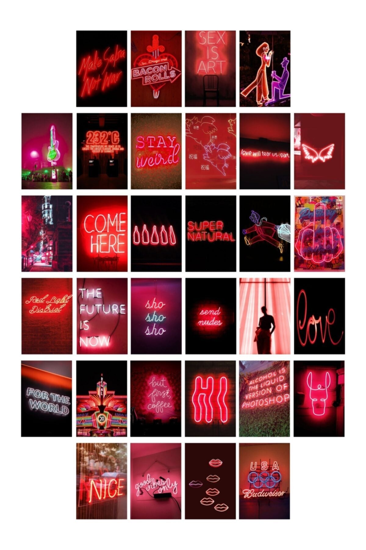 Neon Temalı Poster Seti - Kırmızı - Arkası Yapışkanlı Poster Kolaj Seti - 130 Adet - 10cm*15cm