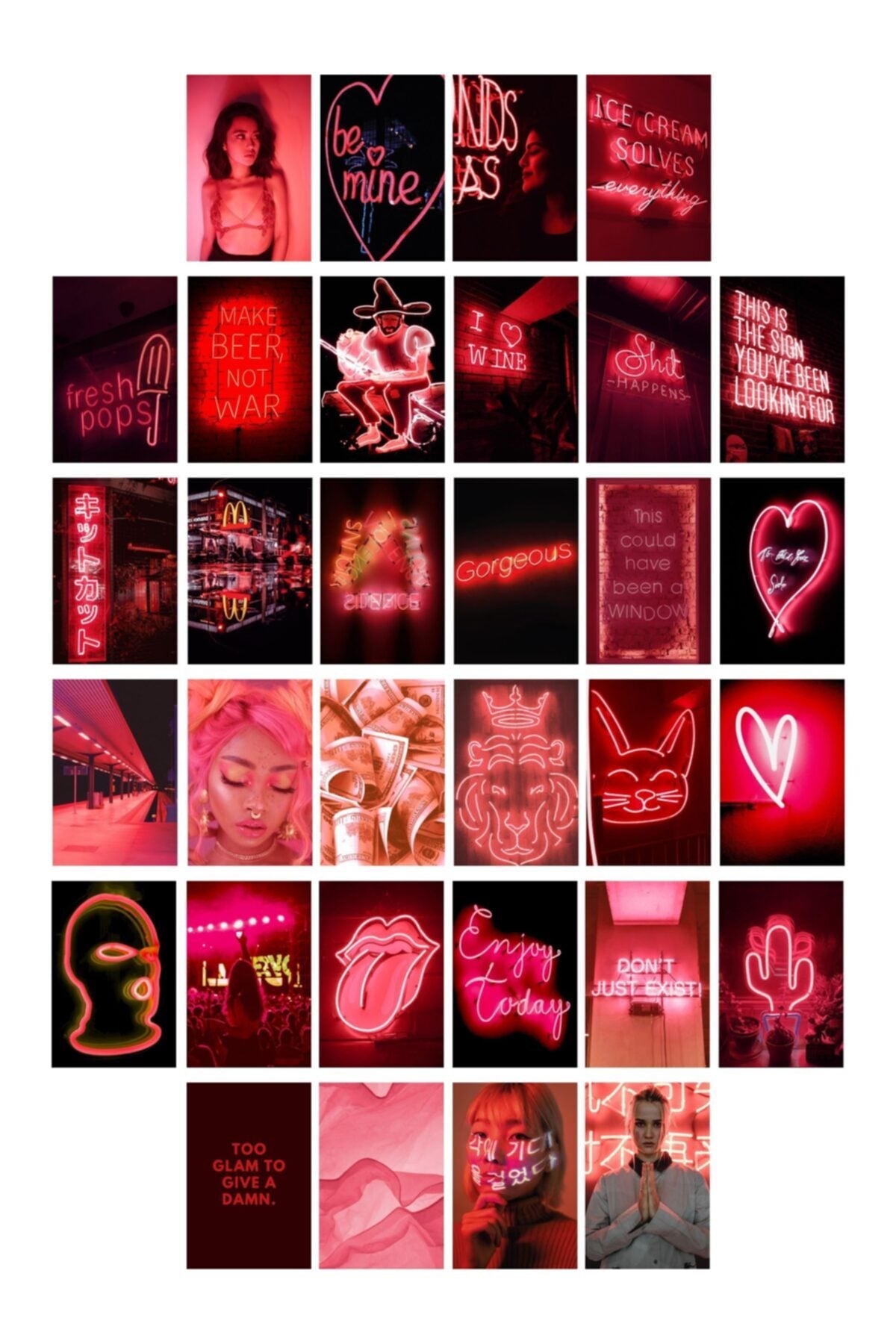 Neon Temalı Poster Seti - Kırmızı - Arkası Yapışkanlı Poster Kolaj Seti - 130 Adet - 10cm*15cm