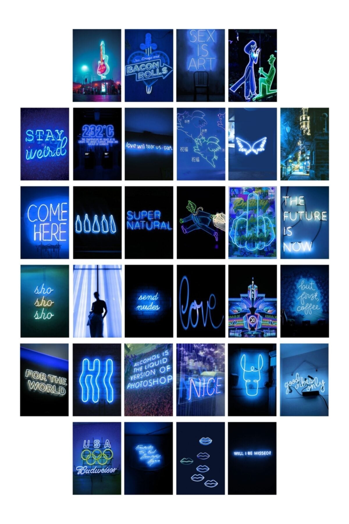 Neon Temalı Poster Seti - Lacivert - Arkası Yapışkanlı Poster Kolaj Seti - 130 Adet - 10cm*15cm