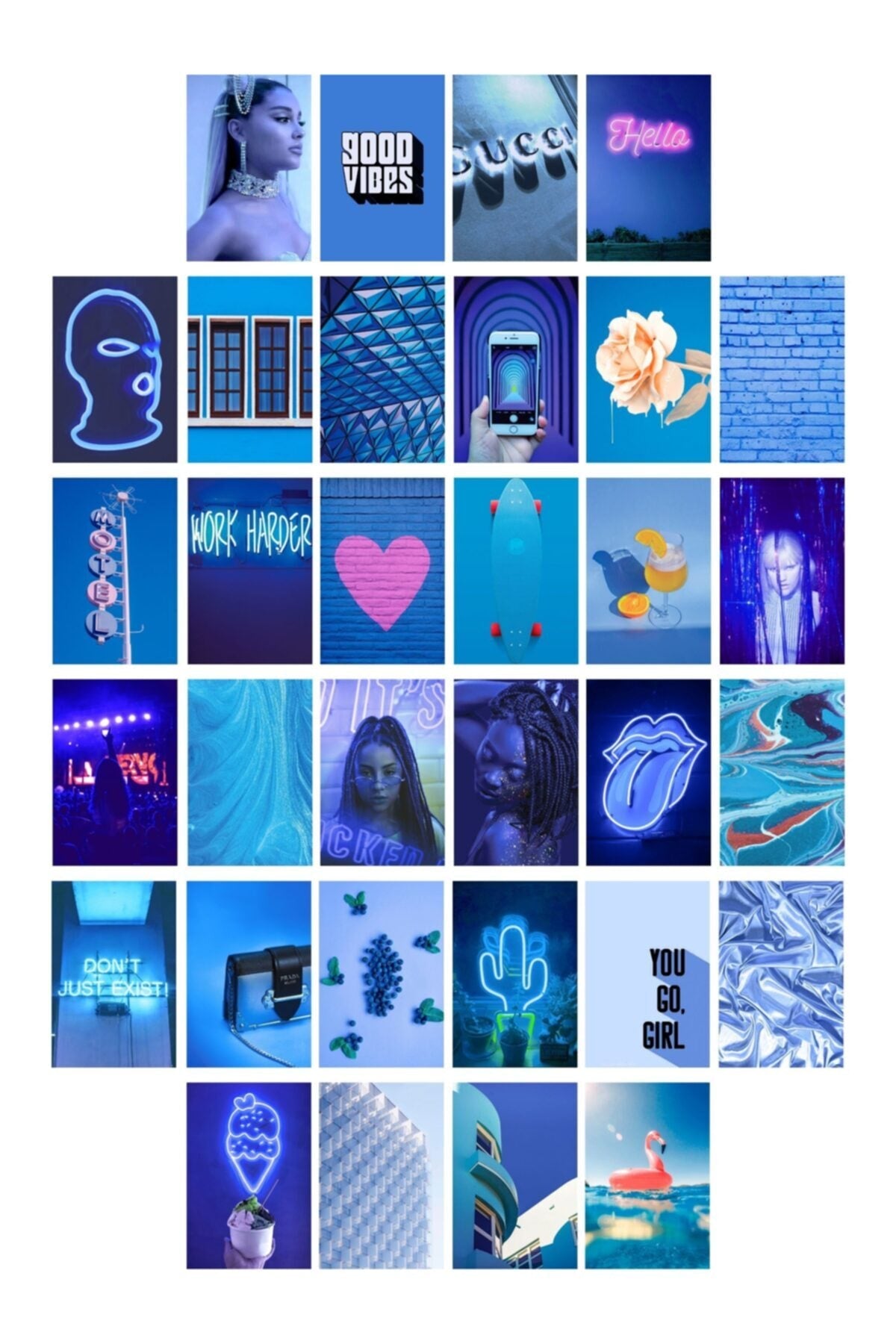 Neon Temalı Poster Seti - Mavi - Arkası Yapışkanlı Poster Kolaj Seti - 130 Adet - 10cm*15cm