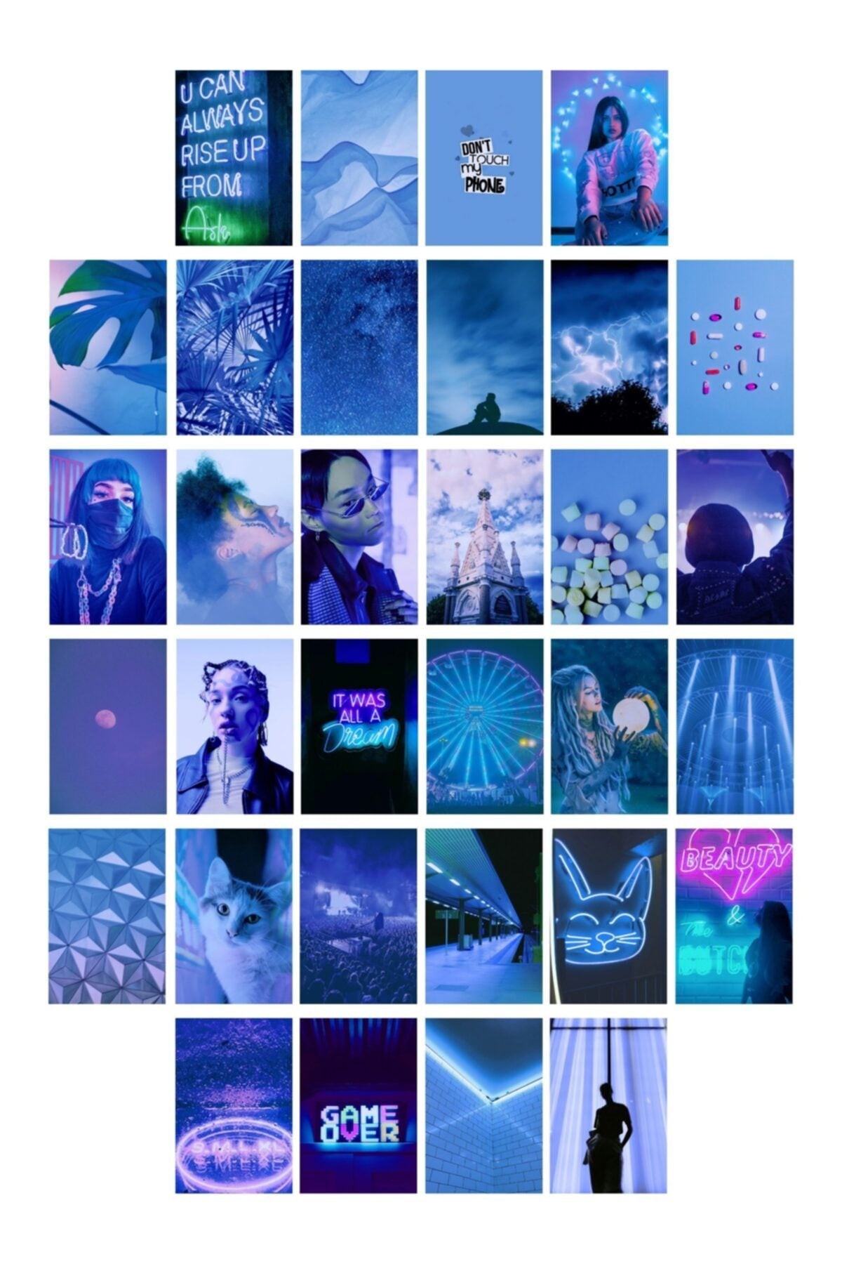 Neon Temalı Poster Seti - Mavi - Arkası Yapışkanlı Poster Kolaj Seti - 130 Adet - 10cm*15cm