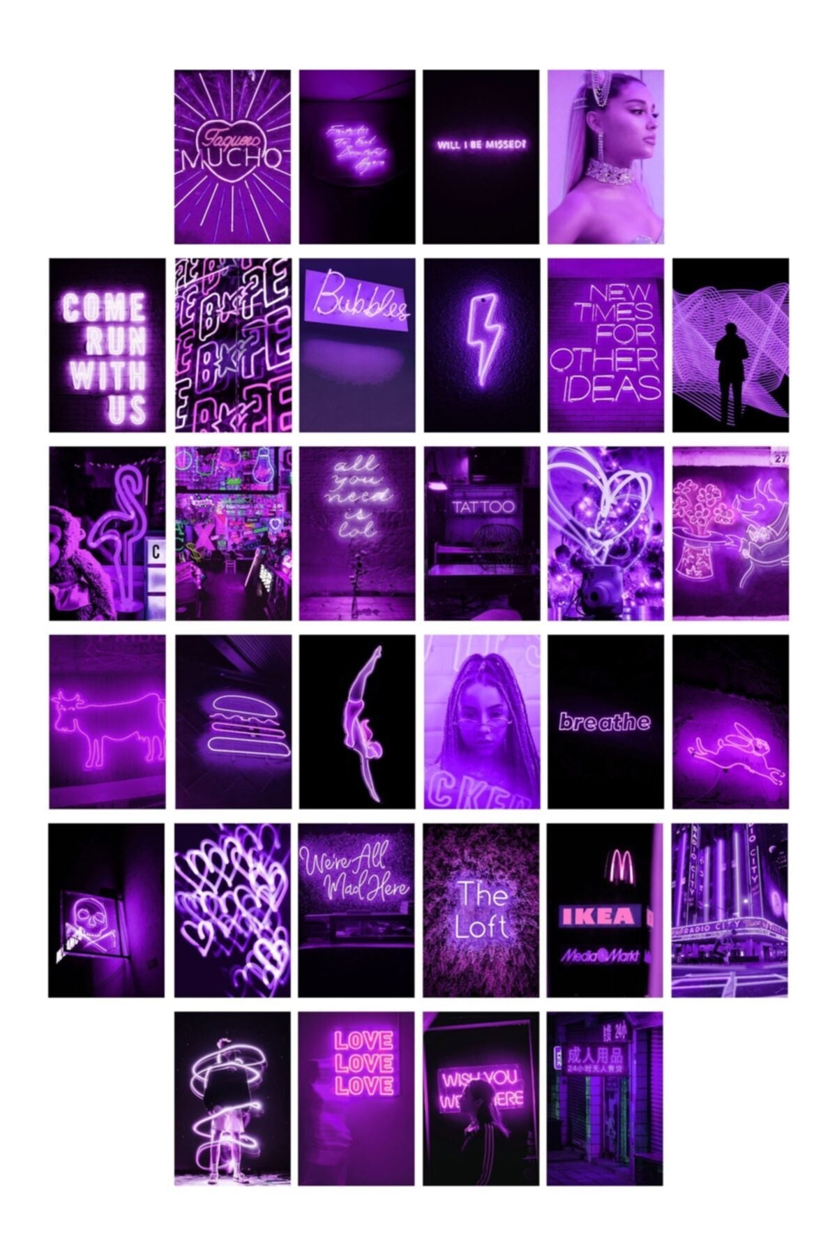 Neon Temalı Poster Seti - Mor - Arkası Yapışkanlı Poster Kolaj Seti - 130 Adet - 10cm*15cm