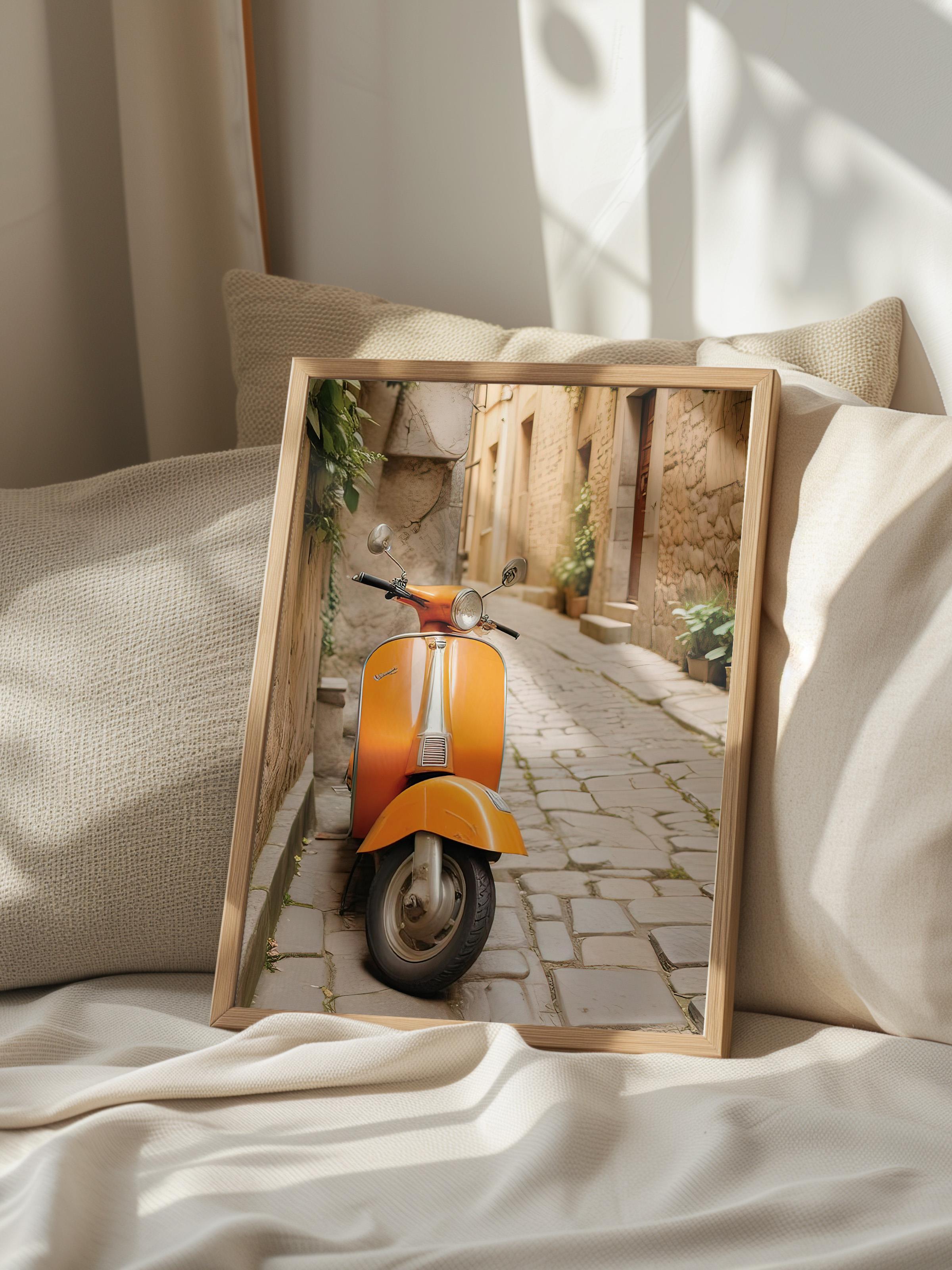 Orange Vespa Çerçeveli Tablo, Ahşap Çerçeve ve Poster, Dikey Duvar Tablosu Comfort Serisi NO:108337