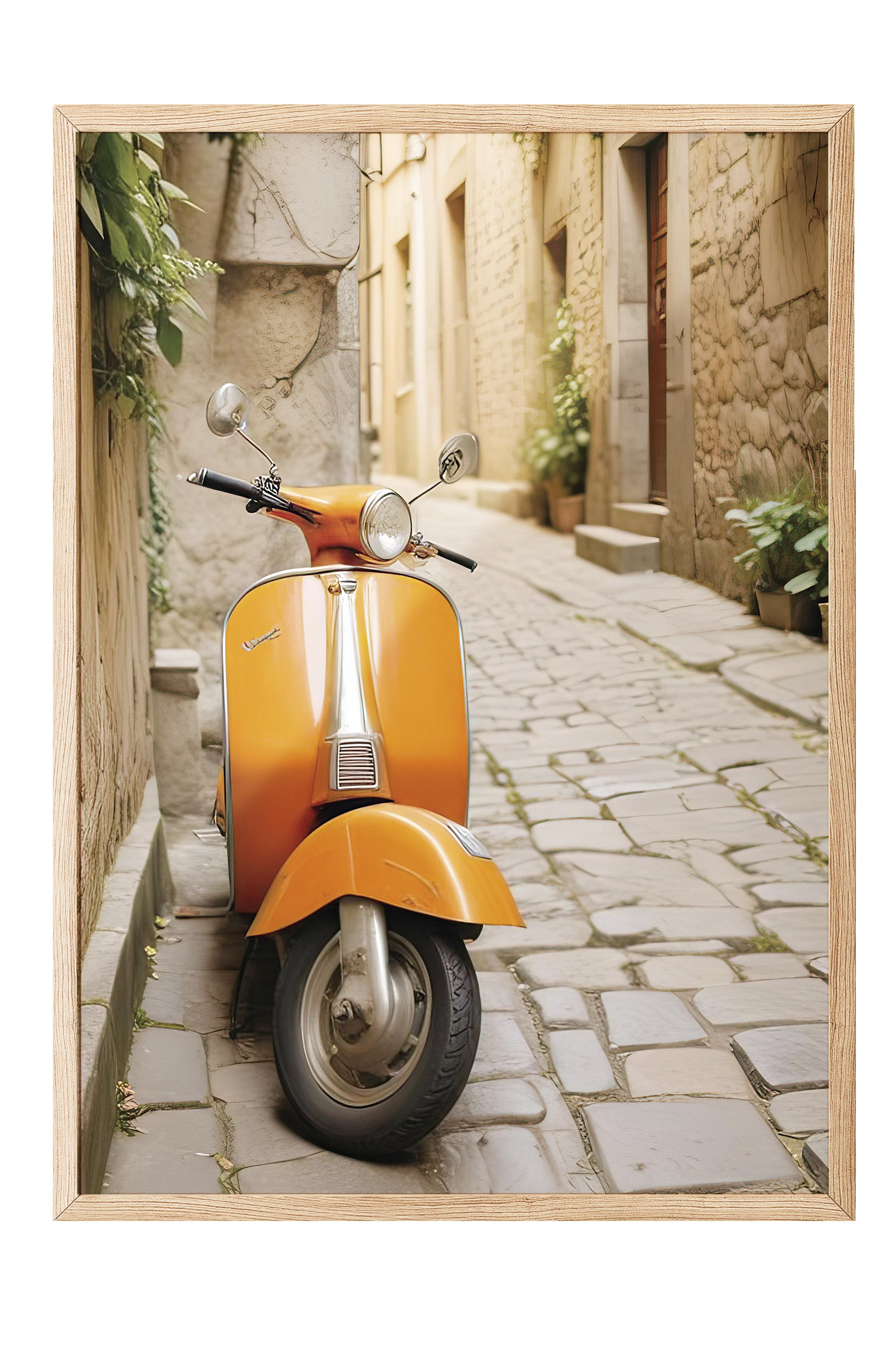 Orange Vespa Çerçeveli Tablo, Ahşap Çerçeve ve Poster, Dikey Duvar Tablosu Comfort Serisi NO:108337