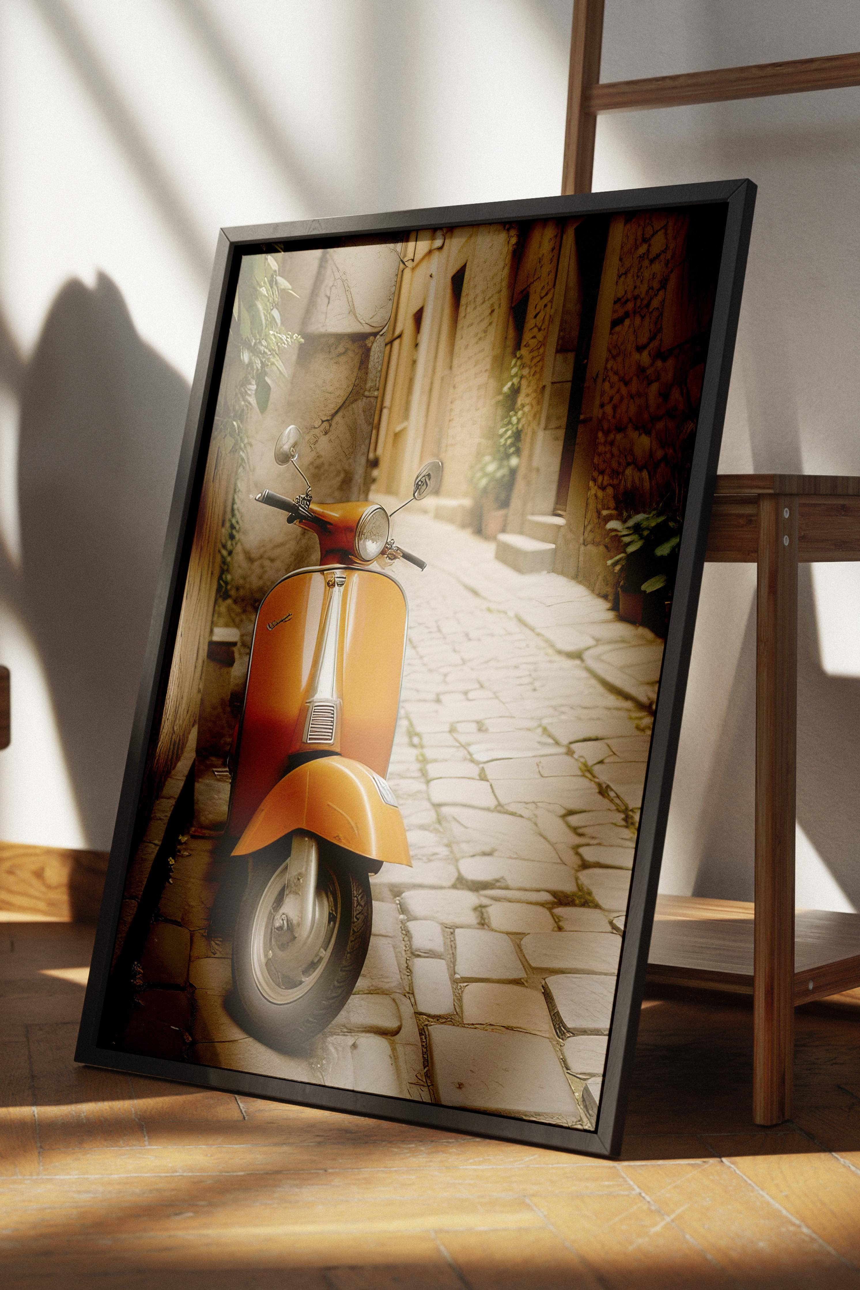 Orange Vespa Çerçeveli Tablo, Siyah Çerçeve ve Poster, Dikey Duvar Tablosu Comfort Serisi NO:108337