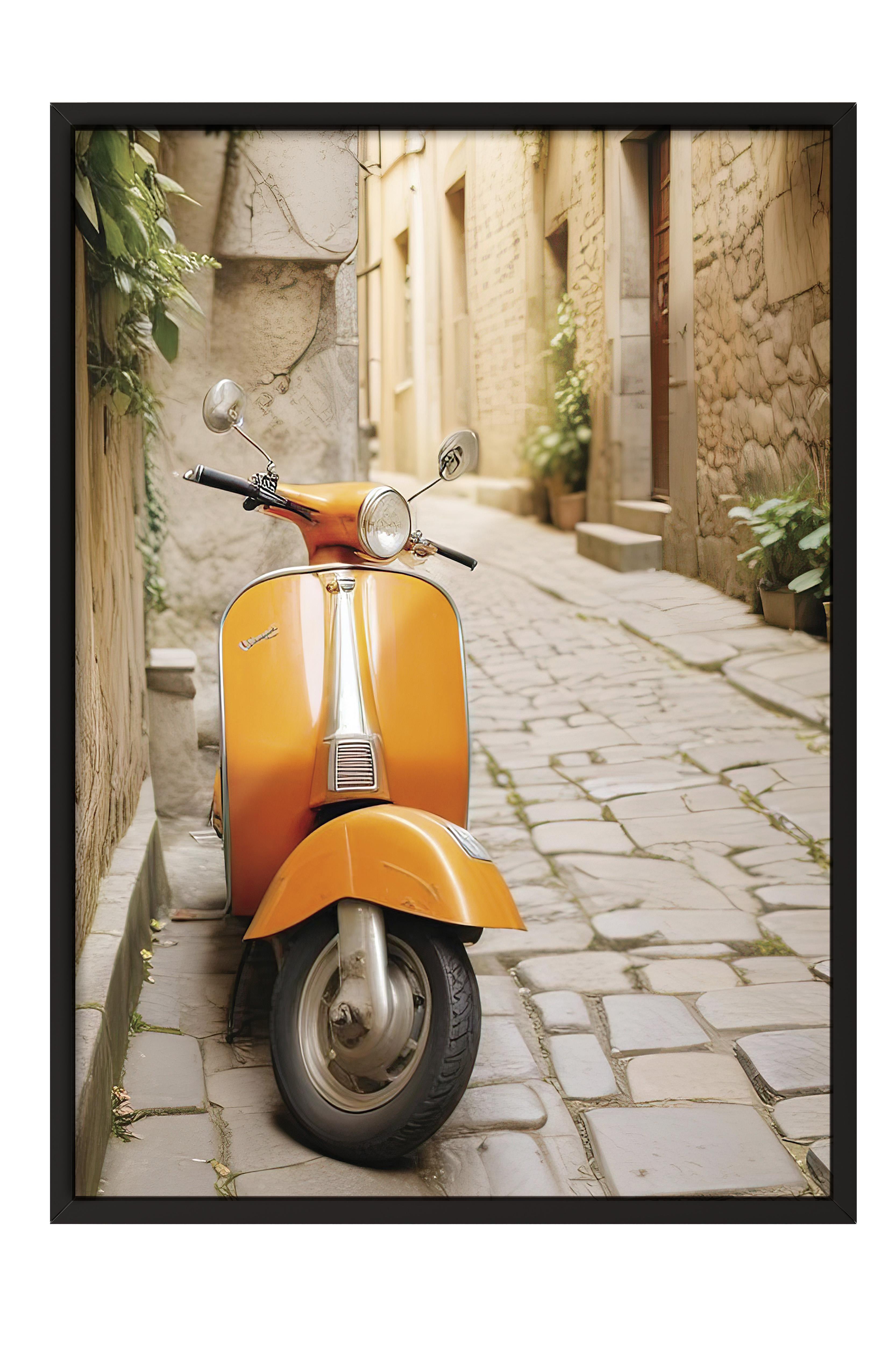 Orange Vespa Çerçeveli Tablo, Siyah Çerçeve ve Poster, Dikey Duvar Tablosu Comfort Serisi NO:108337