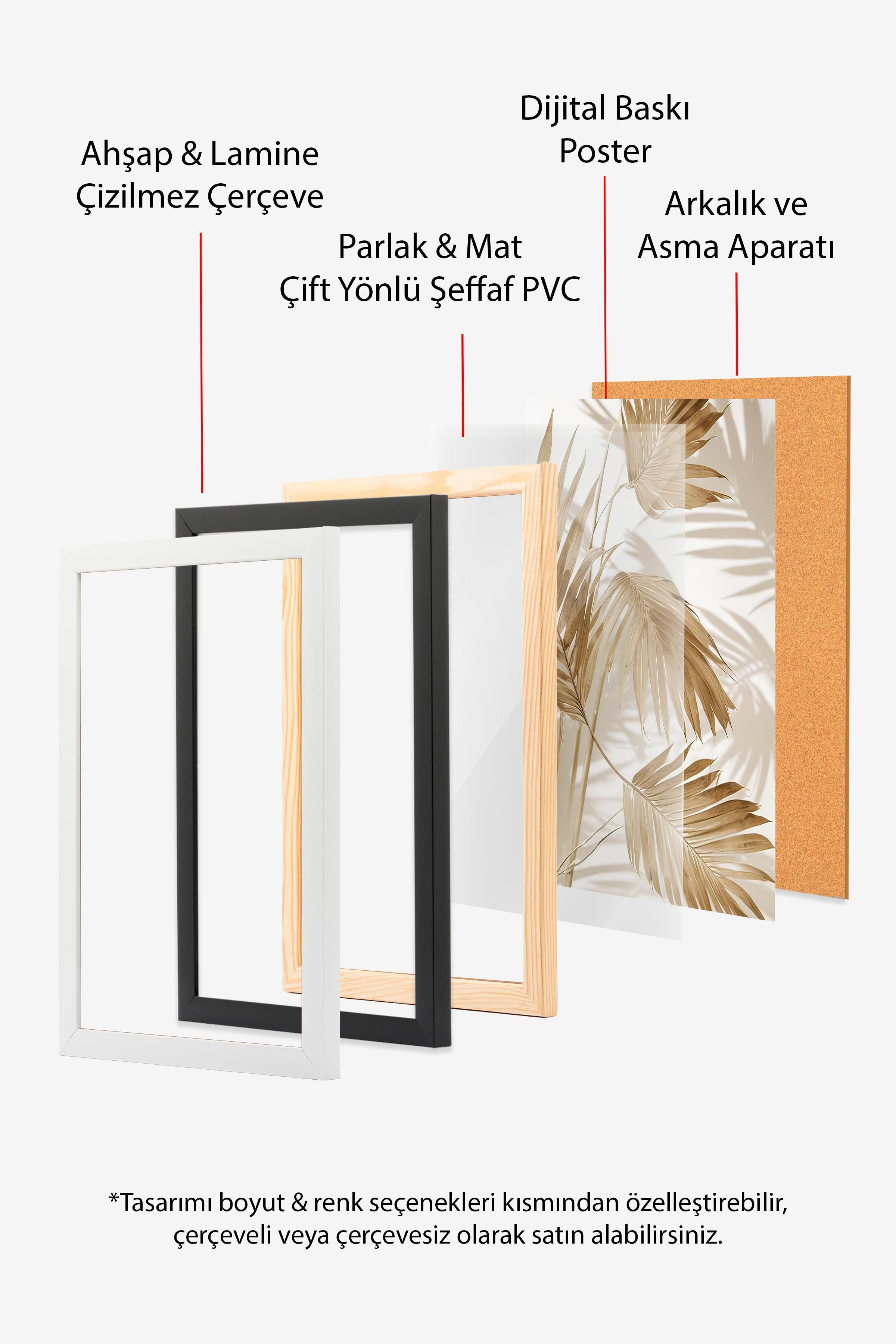 Palm Gold Çerçeveli Tablo, Ahşap Çerçeve ve Poster, Dikey Duvar Tablosu Comfort Serisi NO:108380