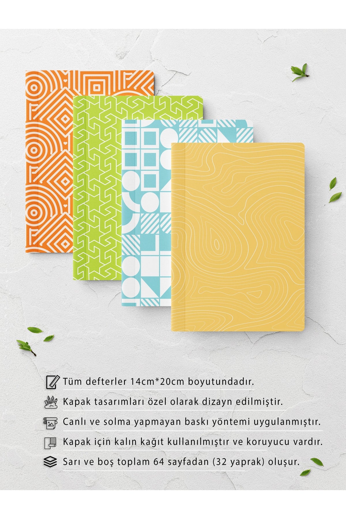 Pastel Temalı Defter Seti - Pastel Dizaynlı Not Defteri - 4 Adet - 14cm*20cm - 64 Sayfa