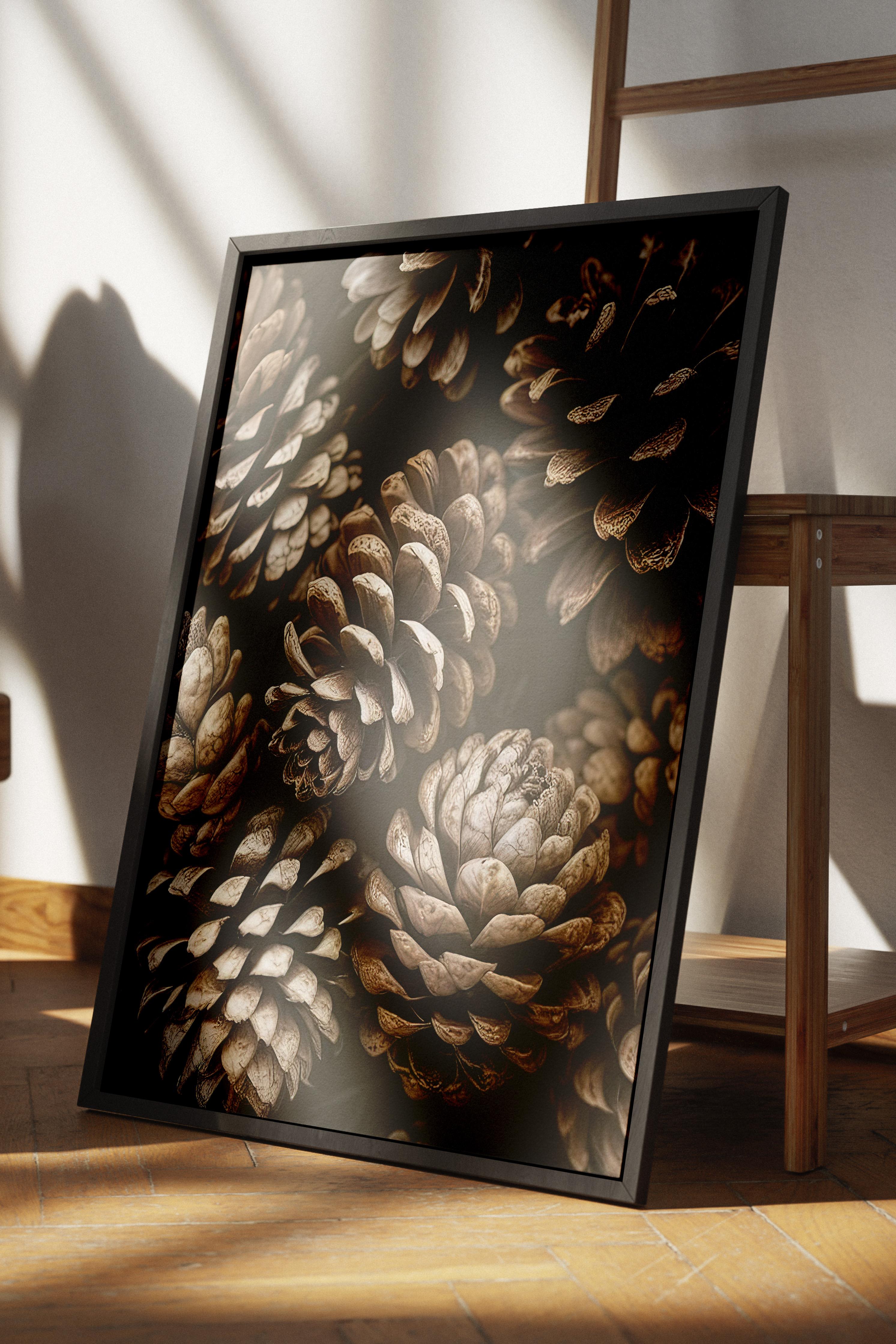 Pine Cones Çerçeveli Tablo, Siyah Çerçeve ve Poster, Dikey Duvar Tablosu Comfort Serisi NO:108341