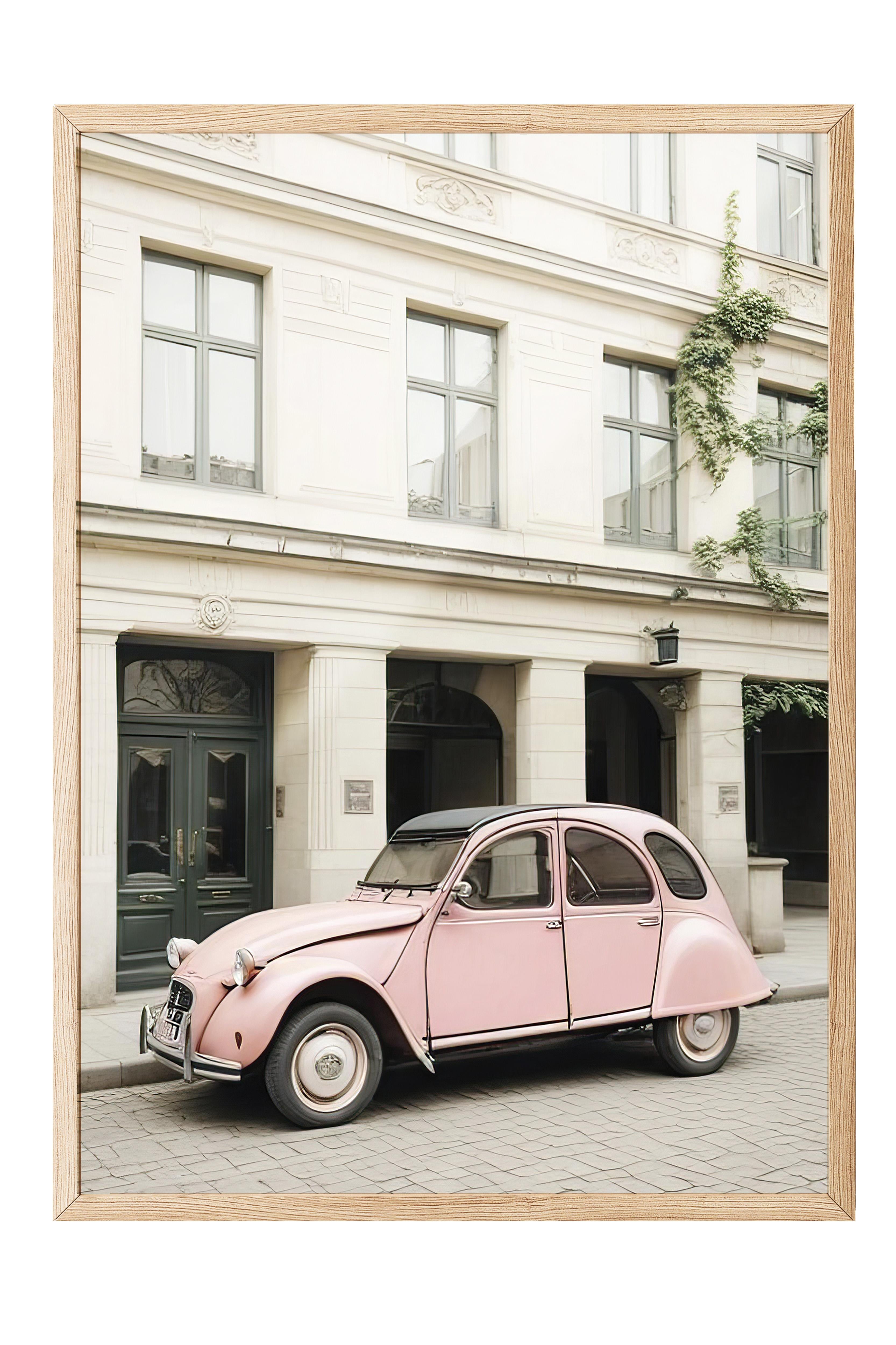 Pink Retro Car Çerçeveli Tablo, Ahşap Çerçeve ve Poster, Duvar Tablosu Comfort Serisi NO:108386