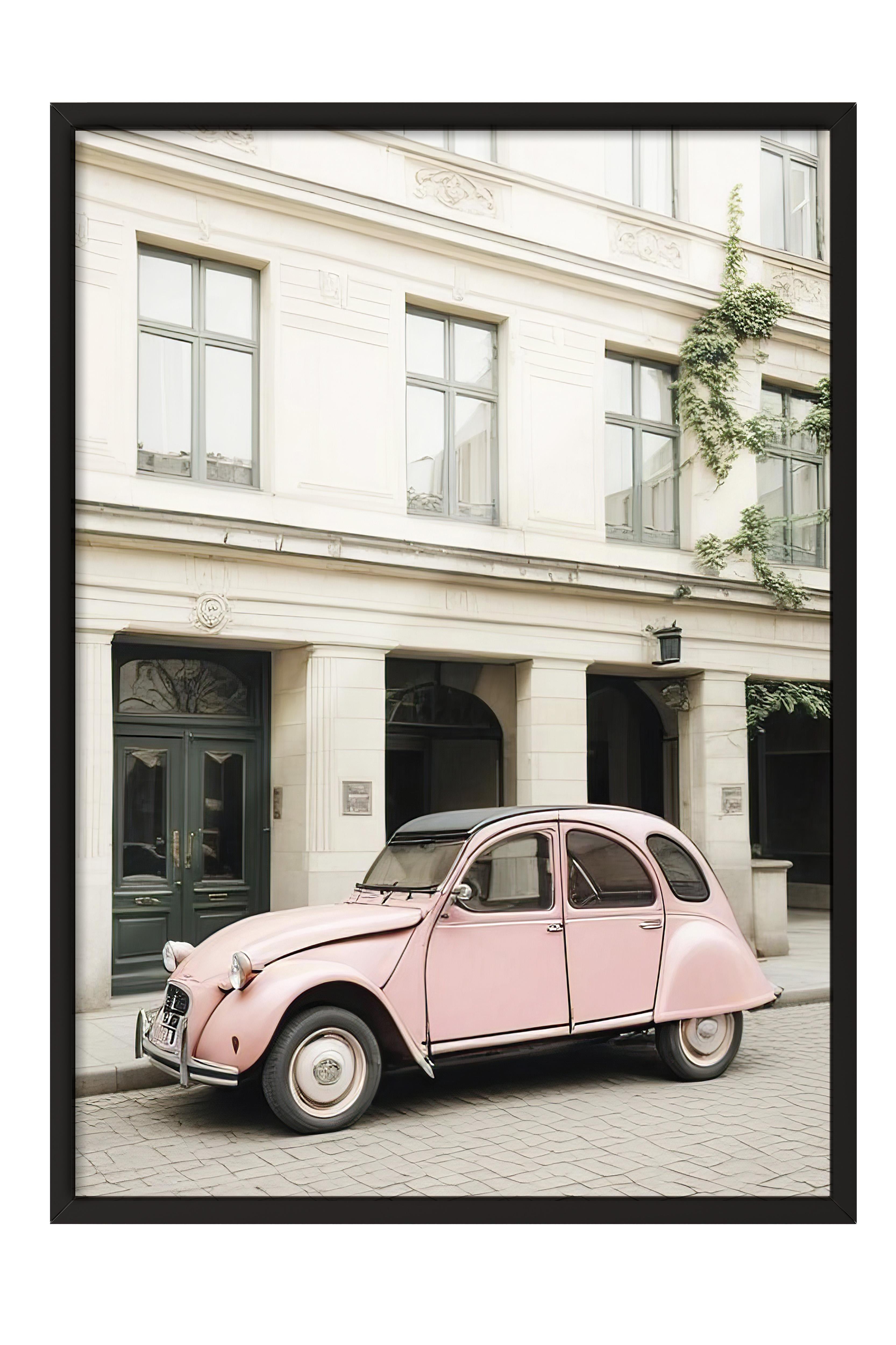 Pink Retro Car Çerçeveli Tablo, Siyah Çerçeve ve Poster, Duvar Tablosu Comfort Serisi NO:108386