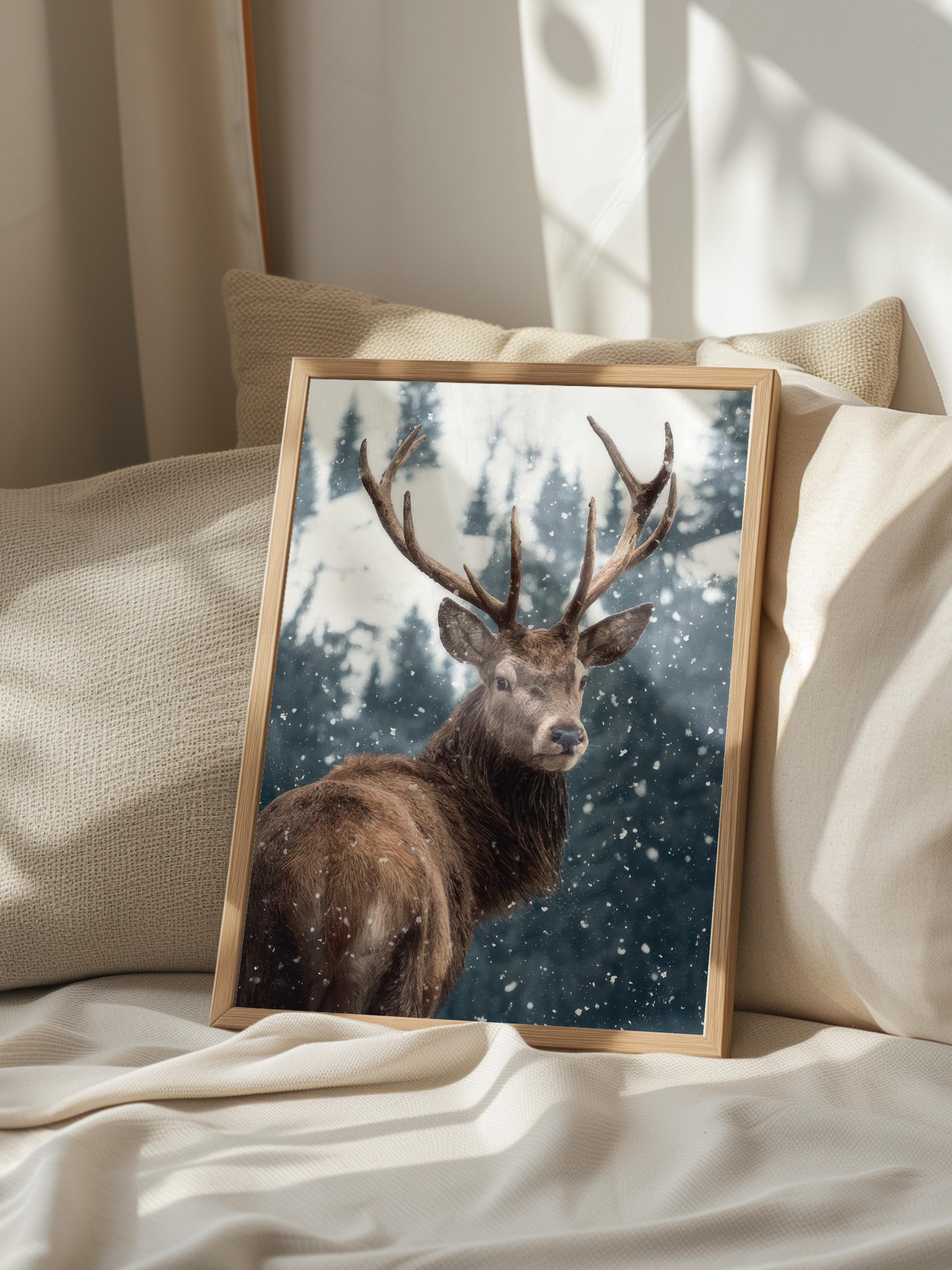 Red Deer in Snow  Çerçeveli Yılbaşı Tablosu, Ahşap Çerçeve ve Poster Comfort Serisi NO:108508