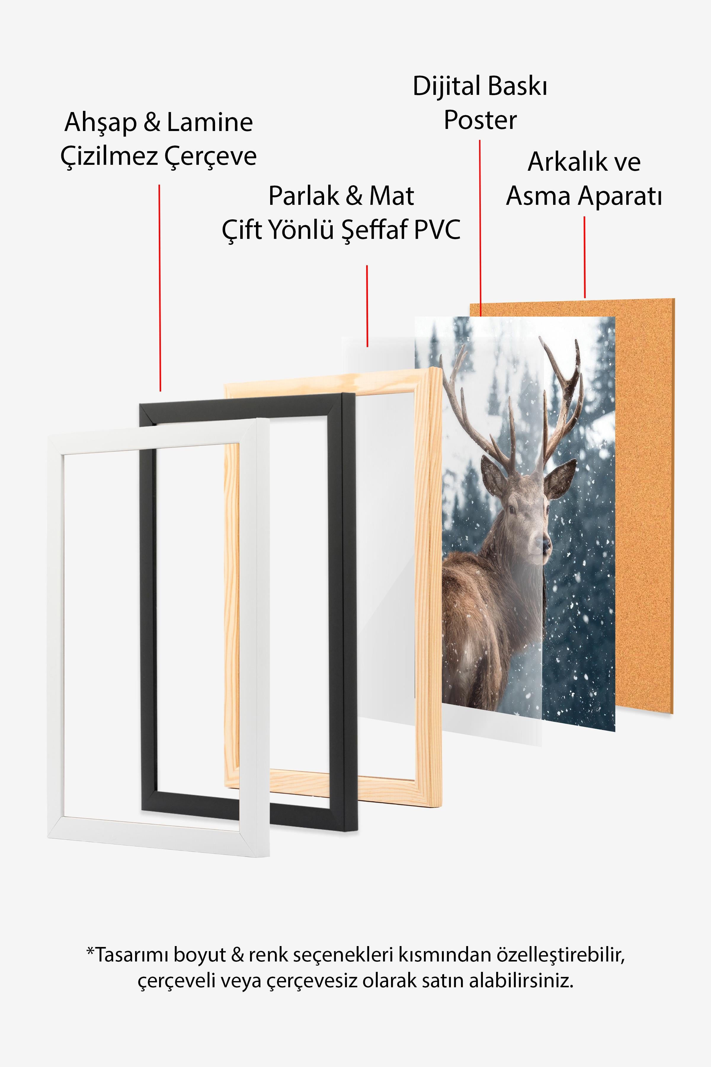 Red Deer in Snow  Çerçeveli Yılbaşı Tablosu, Ahşap Çerçeve ve Poster Comfort Serisi NO:108508