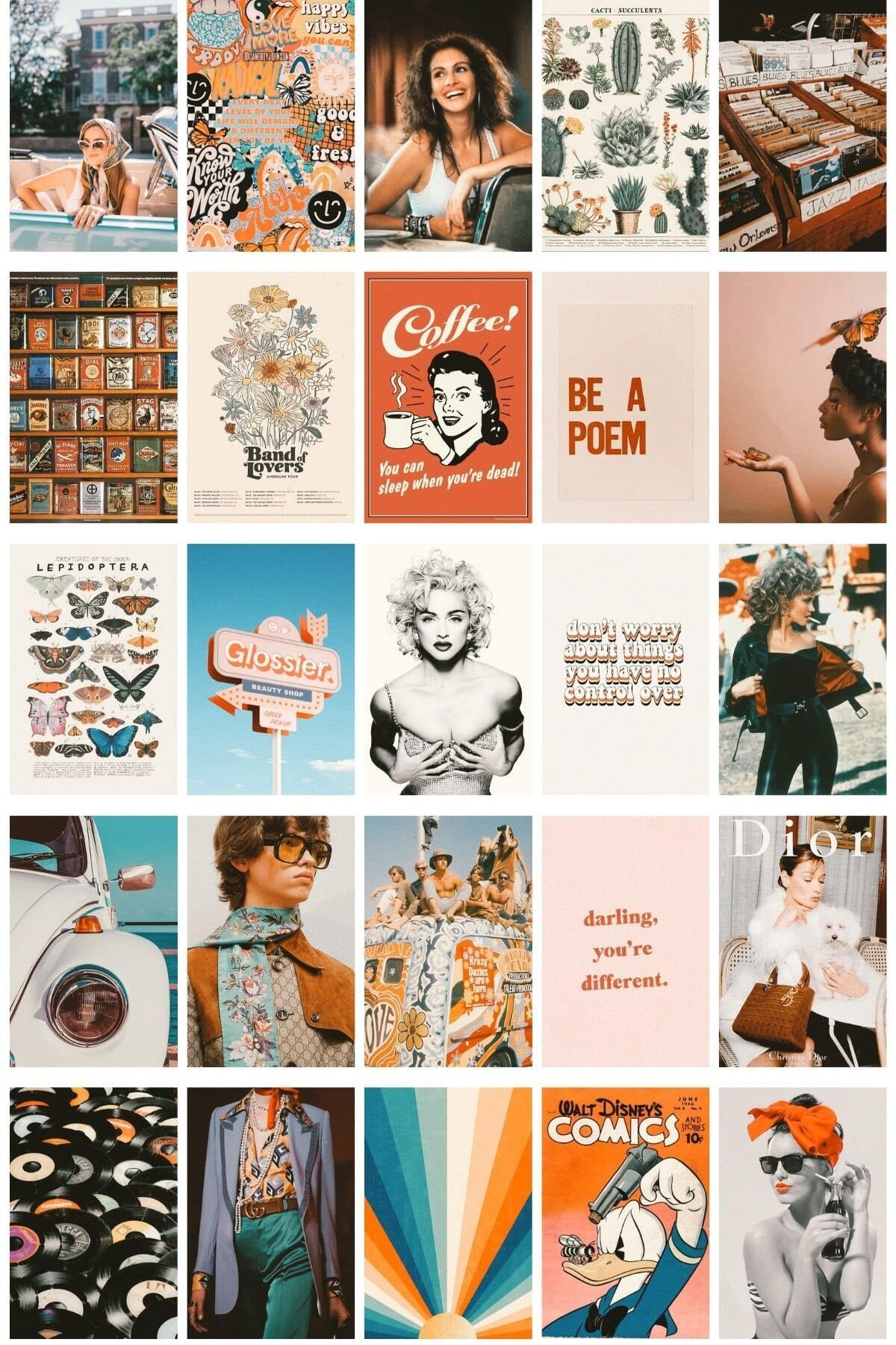 Retro Duvar Poster Seti, Arkası Yapışkanlı Poster Kolaj Seti, 110 Adet, Vintage Poster Seti