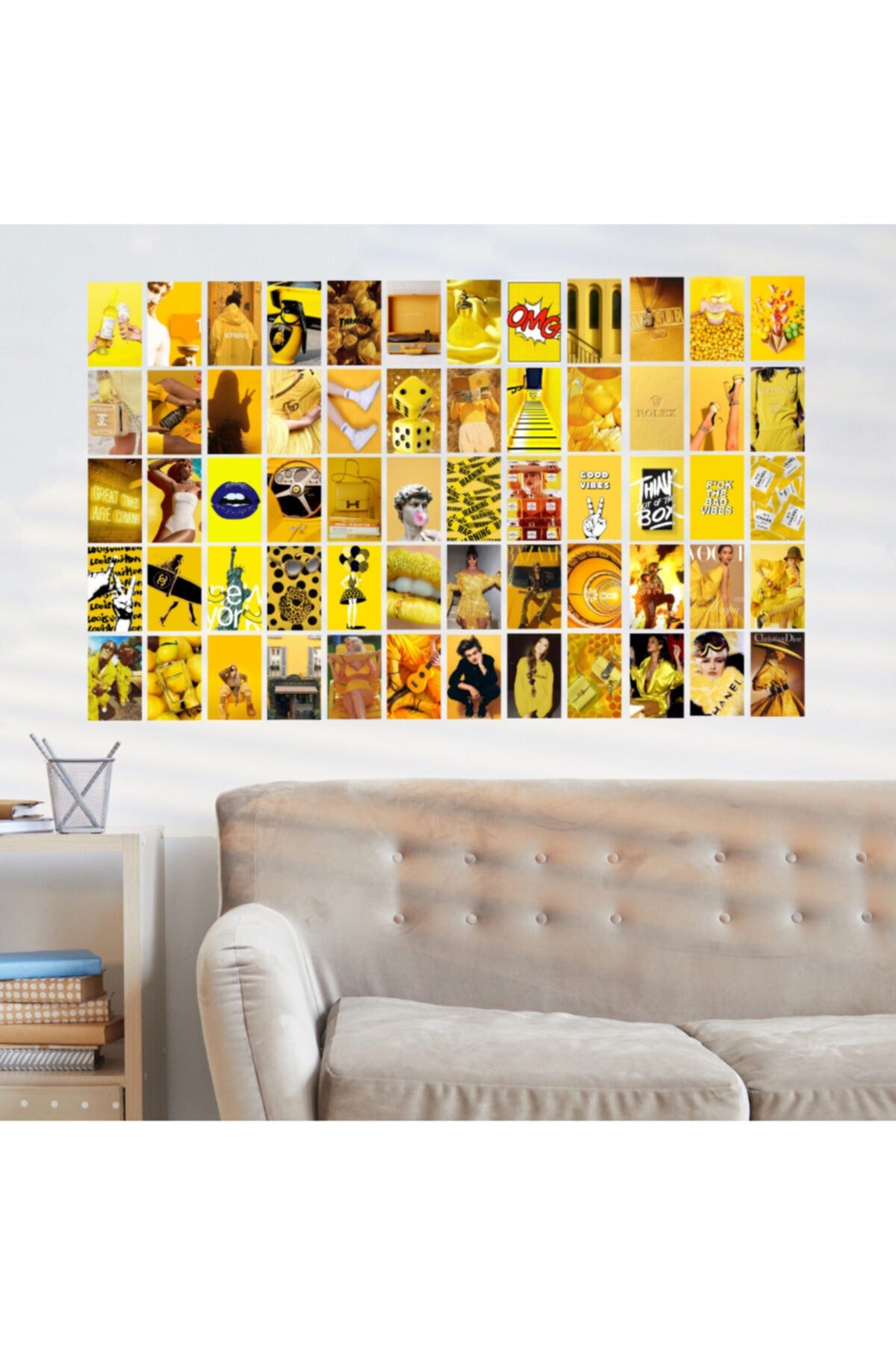 Sarı Duvar Poster Seti - 60 Adet - Arkası Yapışkanlı Kolaj Seti - 10cm*15cm - Kutulu Set