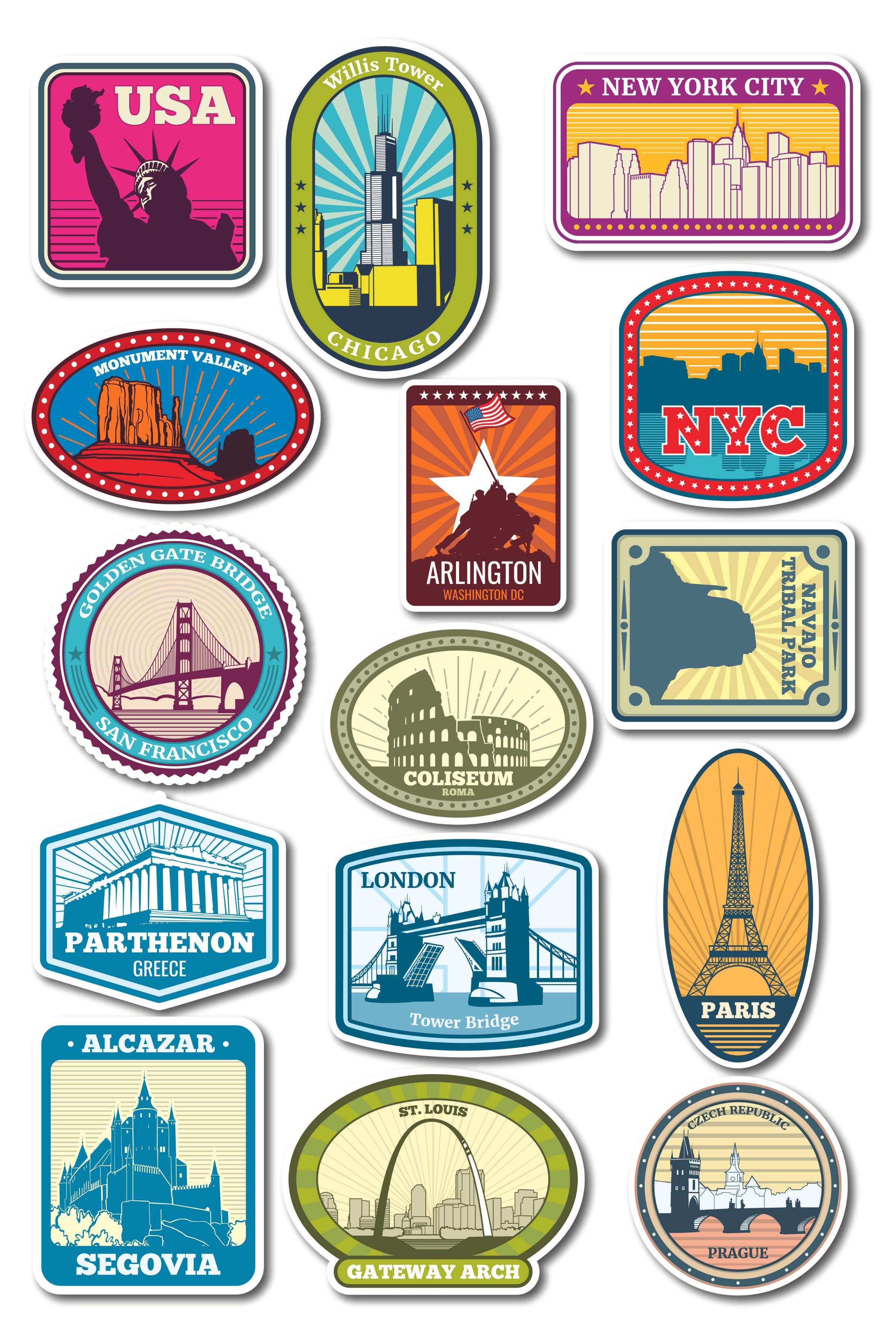 Şehirler Temalı Sticker ve Etiket Seti - Orta Boy - Su Geçirmez, Kalın Yapışkanlı Sticker Seti