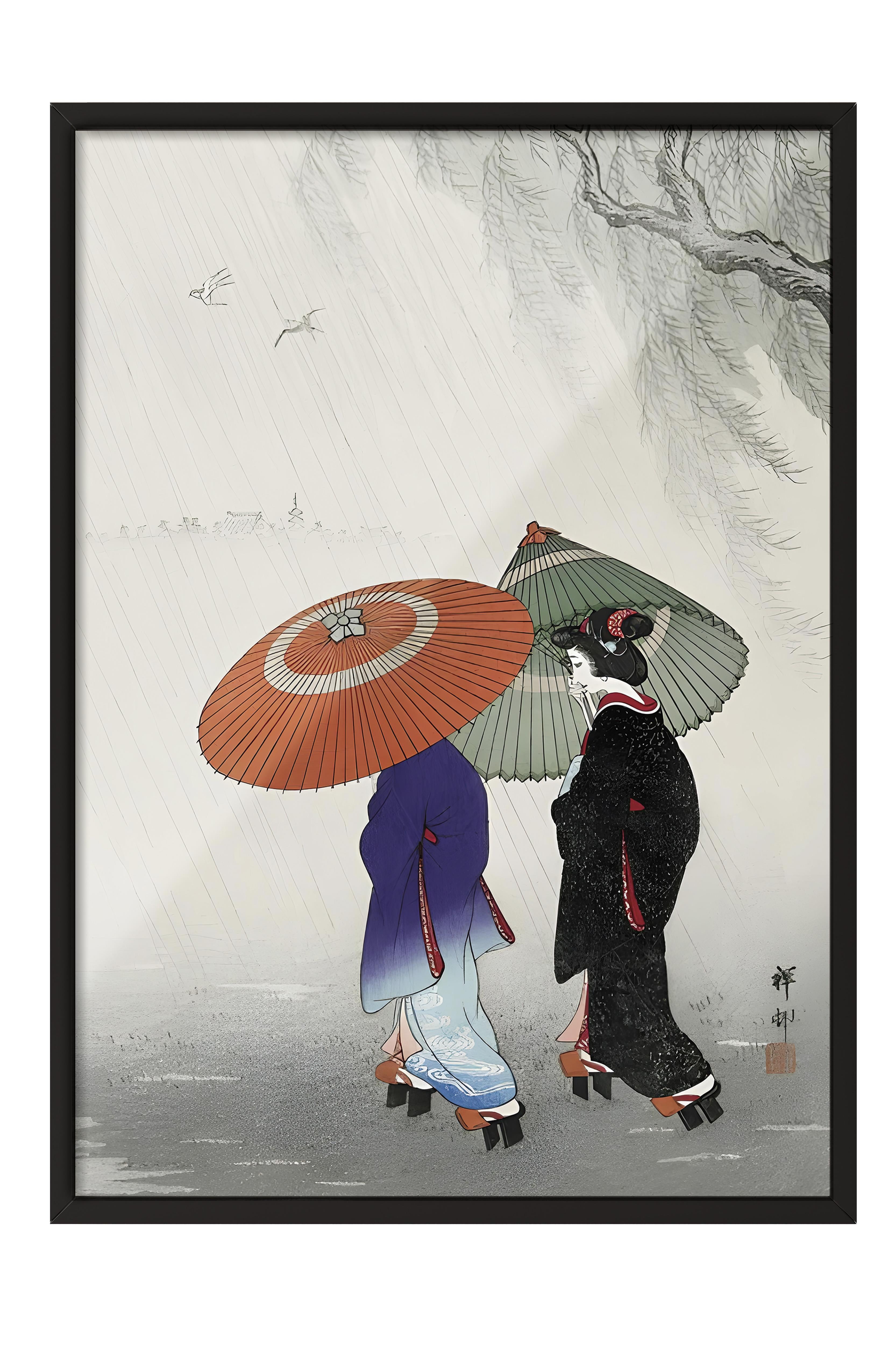 Siyah Çerçeveli Tablo, Ohara Koson - Two Women In The Rain Comfort Serisi NO:108716