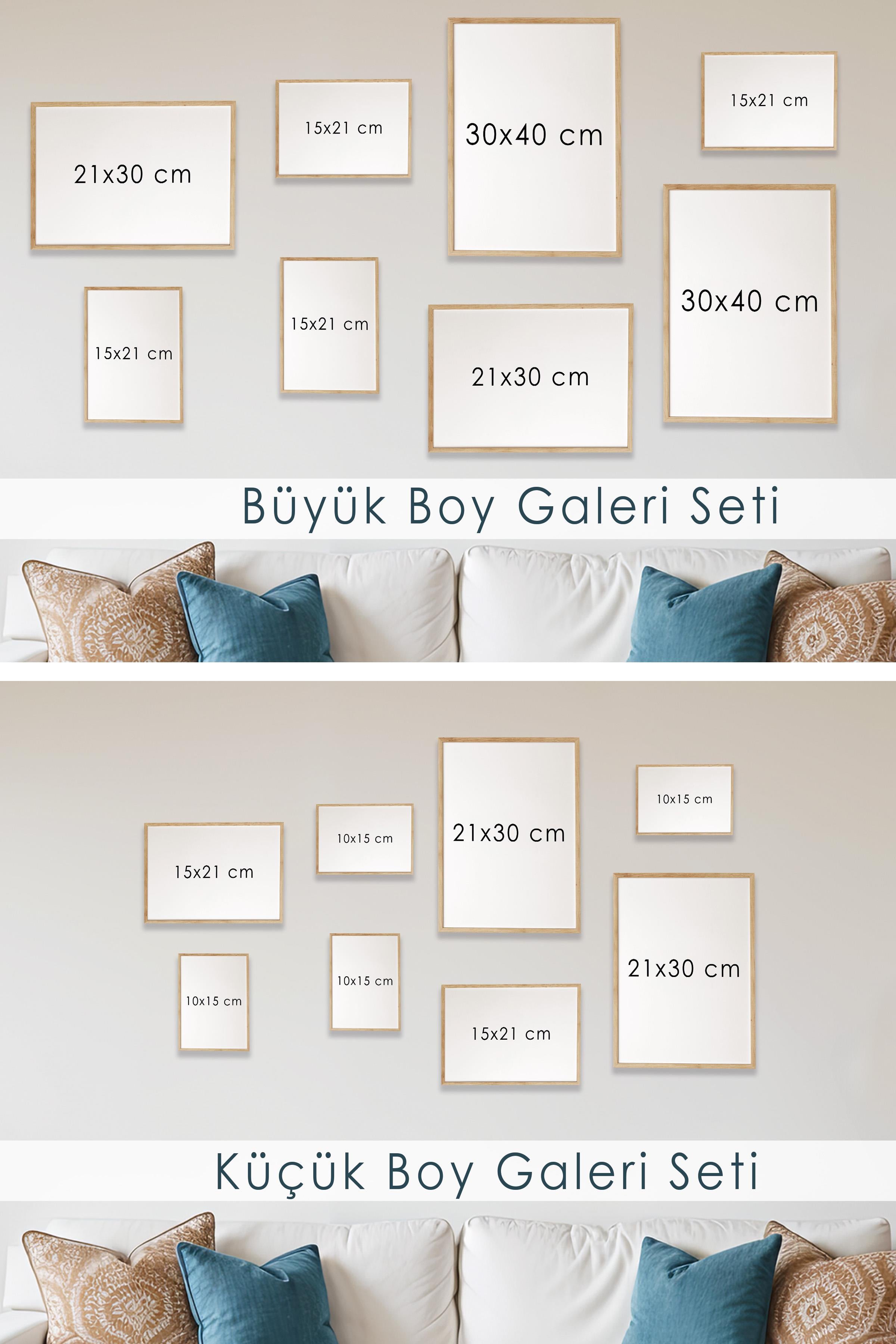 Siyah Tablo Seti, 8 Adet Çerçeve Seti,İllustrsayon Bej Boho Temalı Galeri Poster Seti NO:048