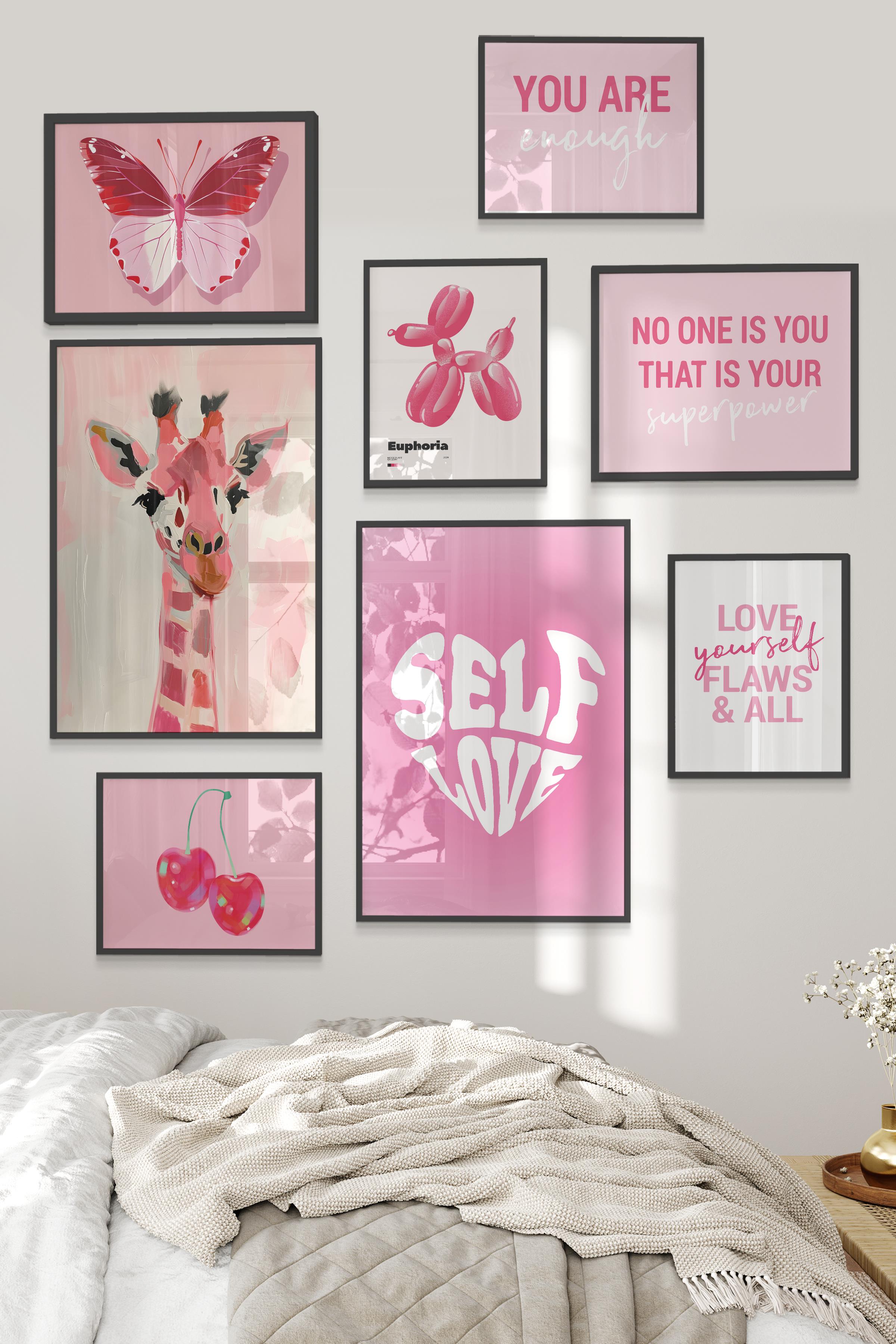 Siyah Tablo Seti, 8 Adet Çerçeve Seti,Self Love Pembe Temalı Galeri Poster Seti NO:022