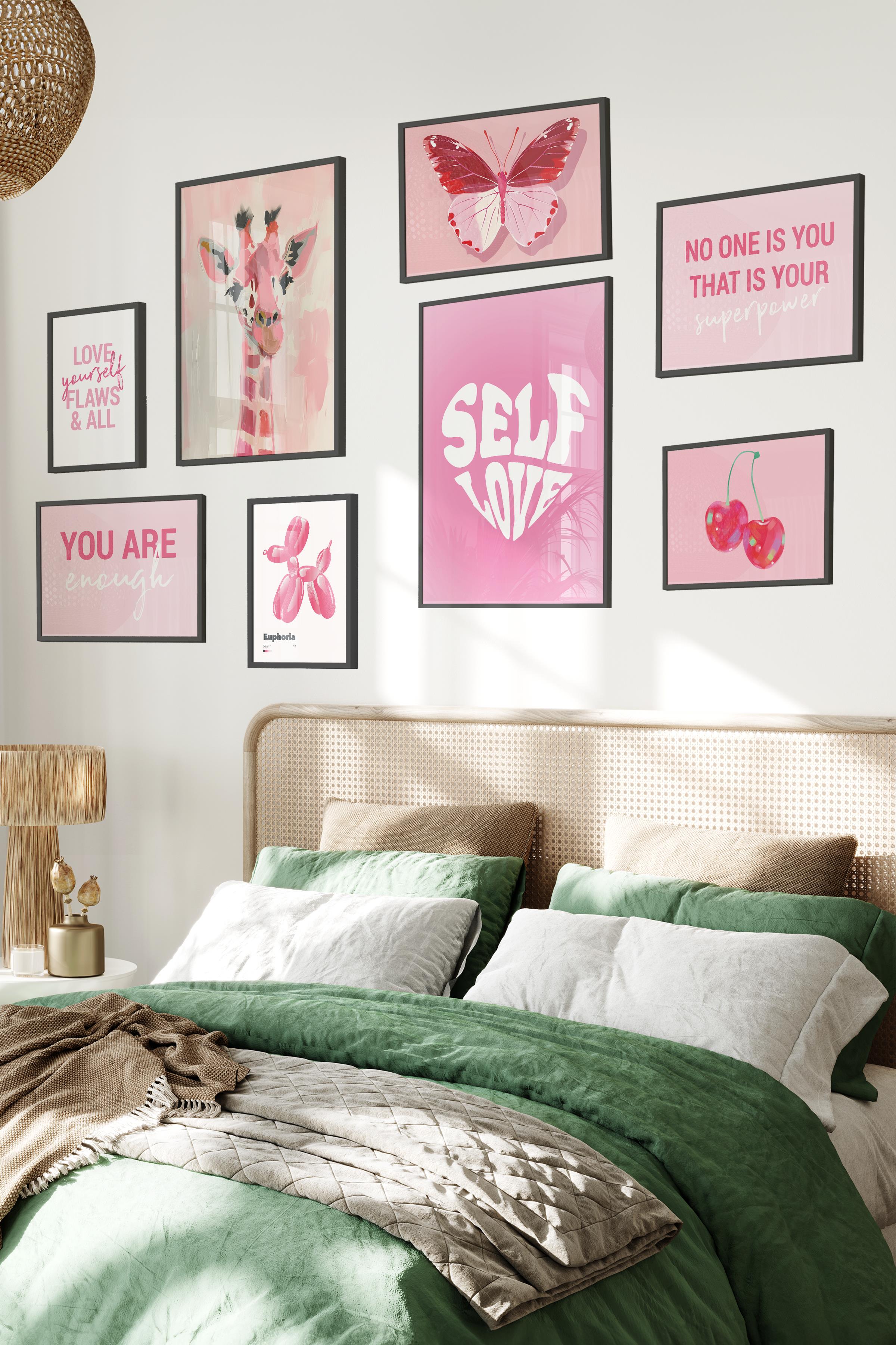 Siyah Tablo Seti, 8 Adet Çerçeve Seti,Self Love Pembe Temalı Galeri Poster Seti NO:022