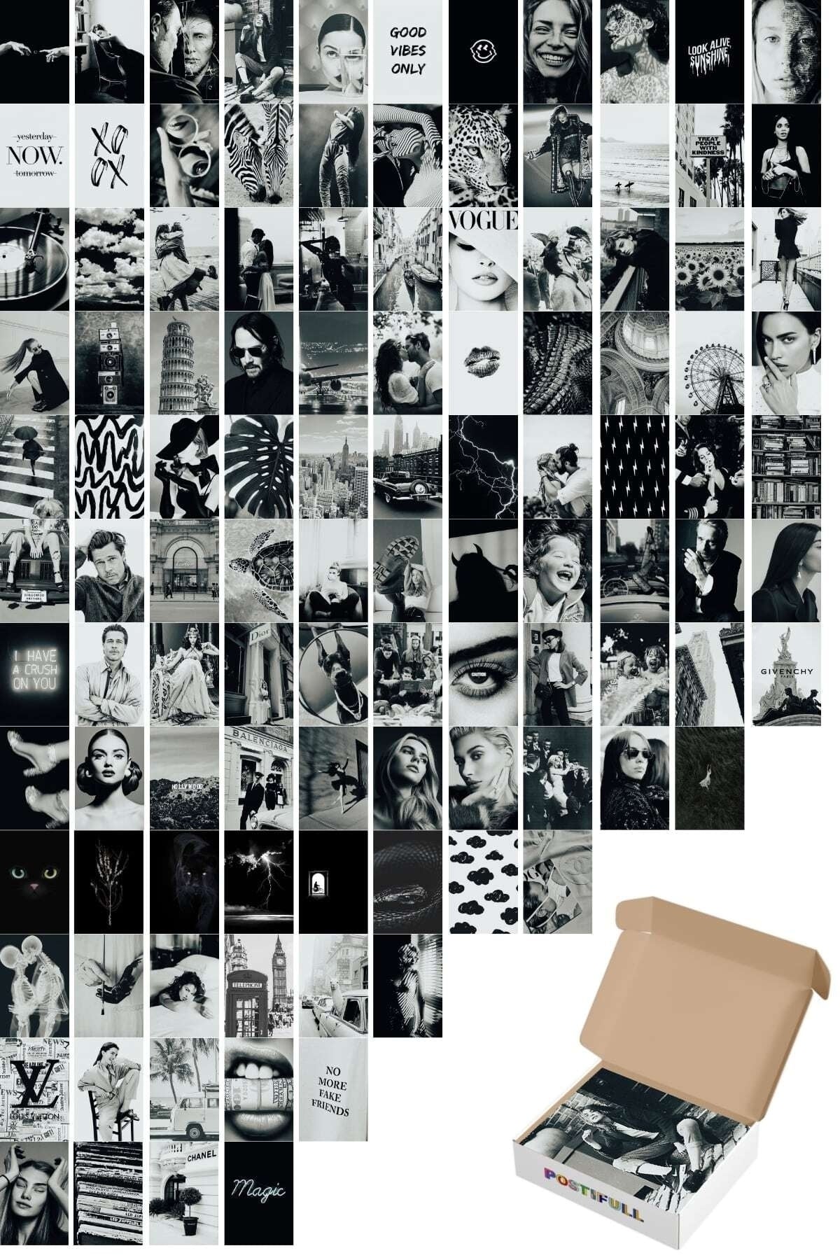 Siyah Ve Beyaz Duvar Posteri Kolaj Set - Arkası Yapışkanlı - 110 Adet - Poster Seti - 10cm*15cm