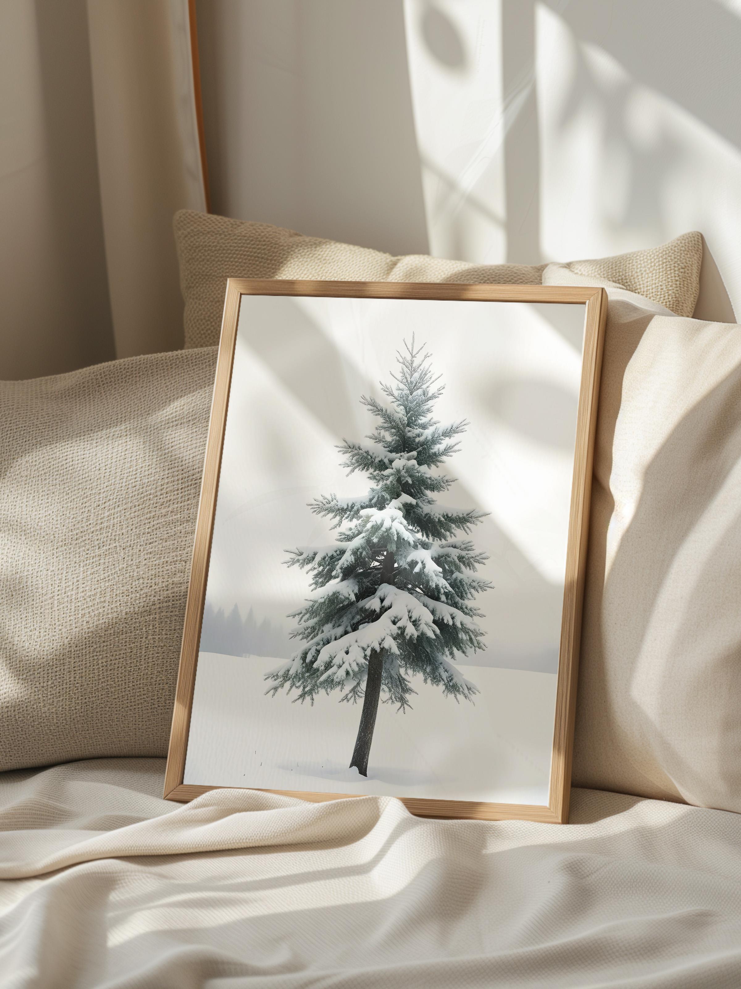 Snowy Spruce Yılbaşı Tablo, Ahşap Çerçeve ve Poster, Dikey Duvar Tablosu Comfort Serisi NO:108474