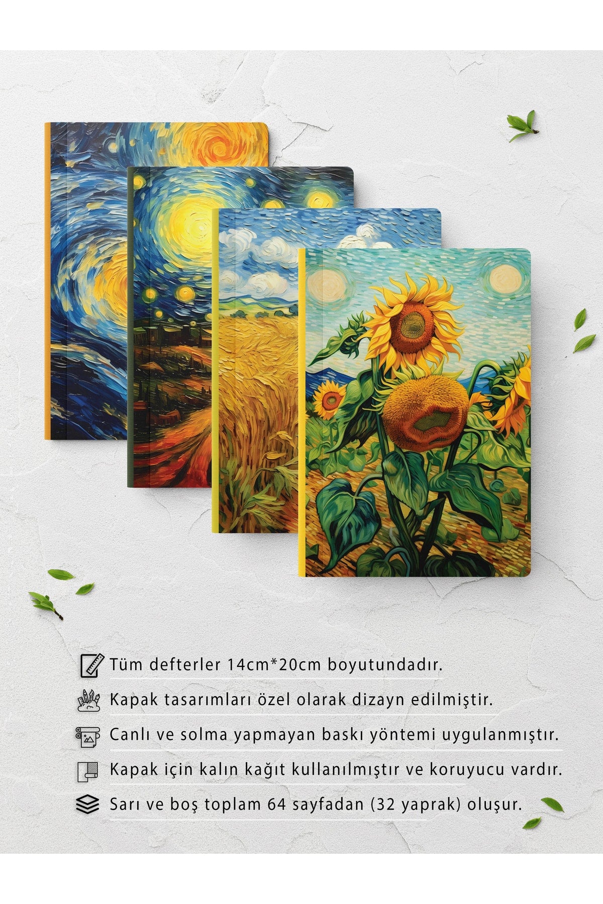 Van Gogh Defter Seti - Sanat Temalı - 4 Adet - 14cm*20cm - 64 Sayfa - Çizgisiz