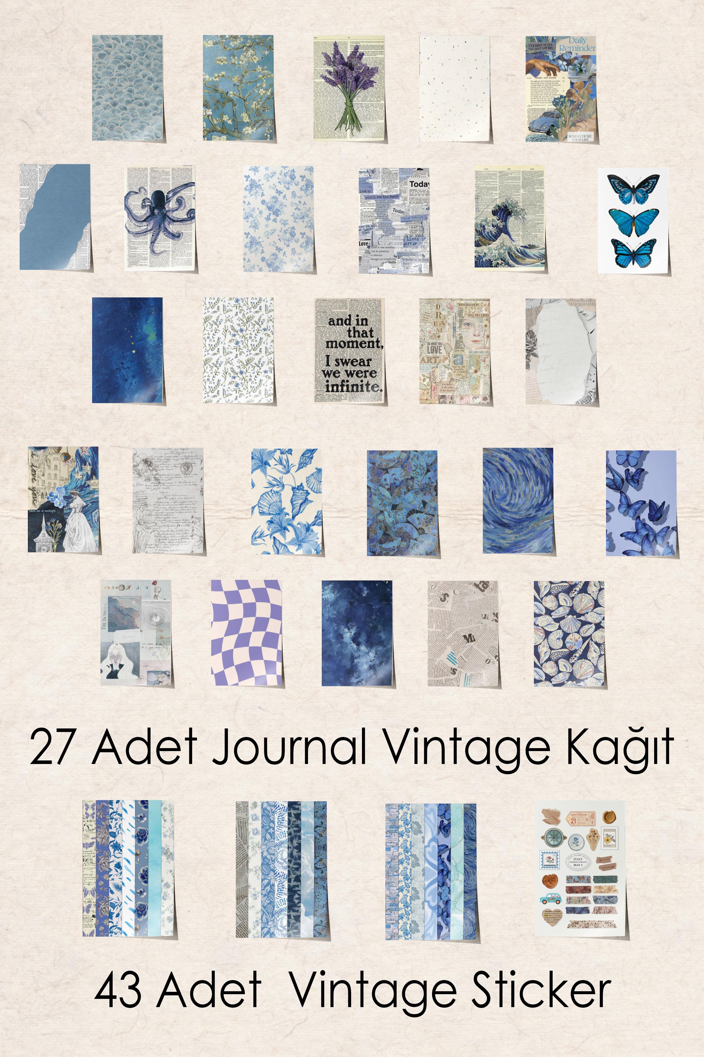 Vintage Journal Defter Seti, Vintage Notebook Seti Mavi, 27 Vintage Kağıt, 30 Adet Vintage Sticker