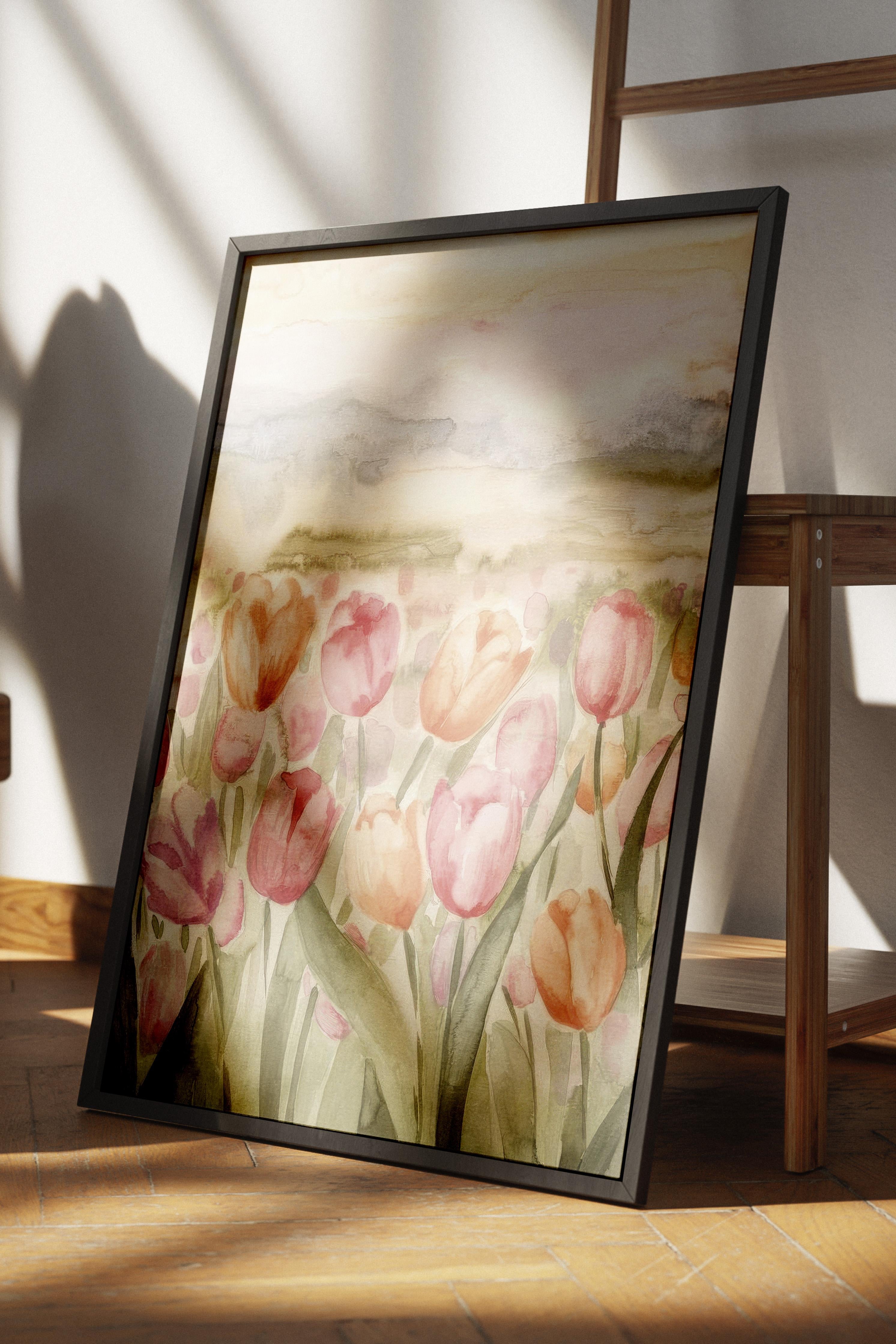 Watercolor Tulips Çerçeveli Tablo, Siyah Çerçeve ve Poster, Duvar Tablosu Comfort Serisi NO:108543