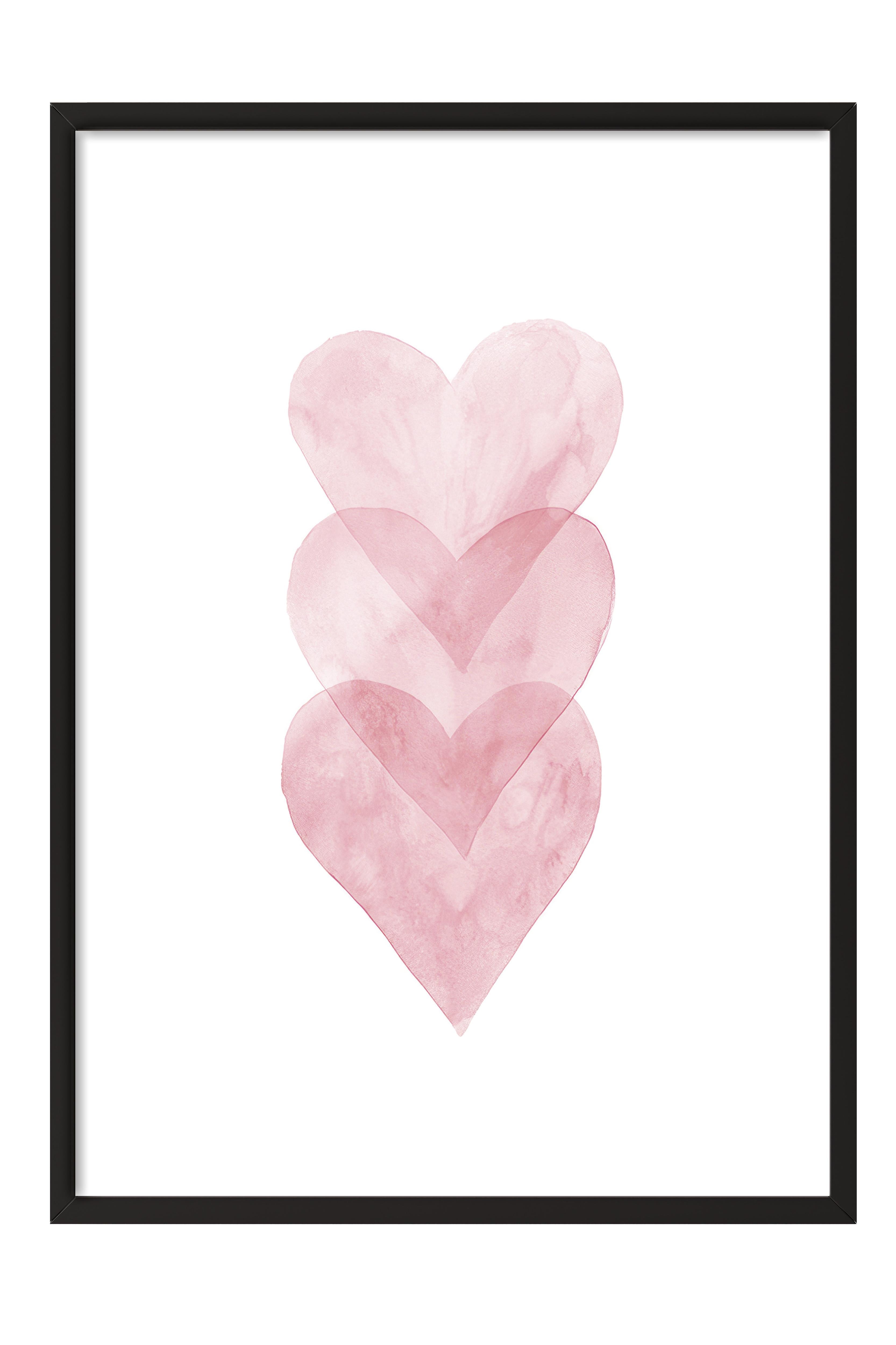 Watercolour Hearts Çerçeveli Tablo, Siyah Çerçeve ve Poster, Duvar Tablosu Comfort Serisi NO:108491